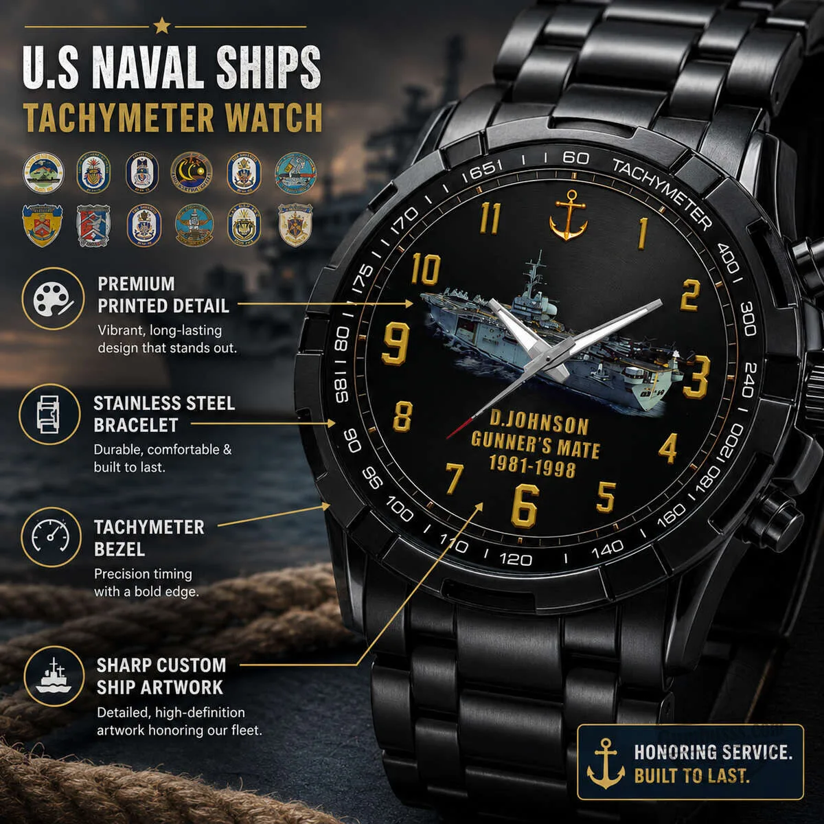 United States Naval Ships Personalized Stainless Steel Tachymeter Watch 8 United States Naval Ships Personalized Stainless Steel Tachymeter Watch