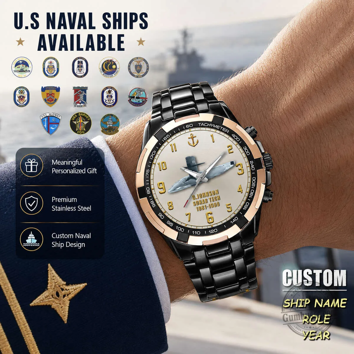 United States Naval Ships Personalized Stainless Steel Tachymeter Watch 9 United States Naval Ships Personalized Stainless Steel Tachymeter Watch