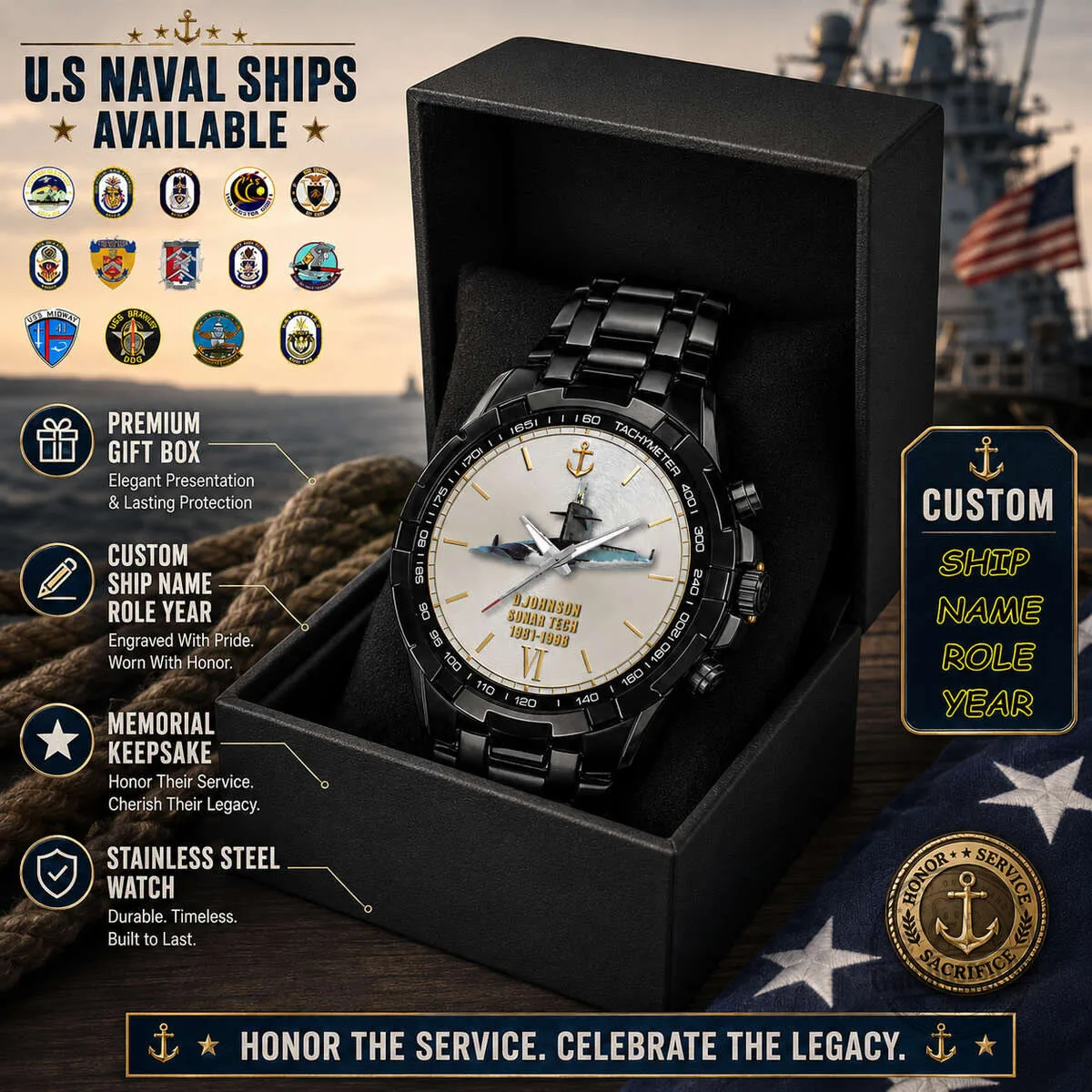 United States Naval Ships Personalized Stainless Steel Tachymeter Watch 10 United States Naval Ships Personalized Stainless Steel Tachymeter Watch