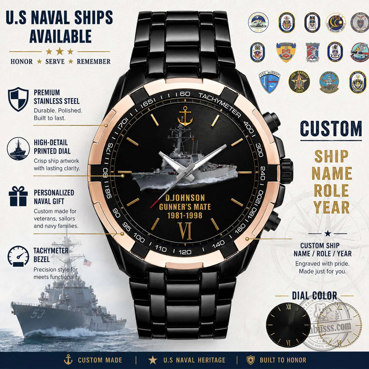 United States Naval Ships Personalized Stainless Steel Tachymeter Watch 11 United States Naval Ships Personalized Stainless Steel Tachymeter Watch