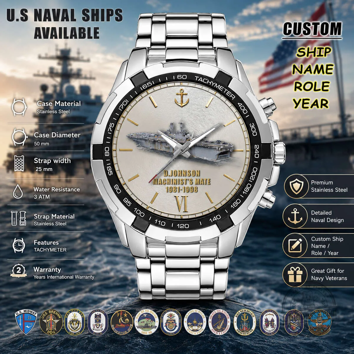 United States Naval Ships Personalized Stainless Steel Tachymeter Watch 12 United States Naval Ships Personalized Stainless Steel Tachymeter Watch