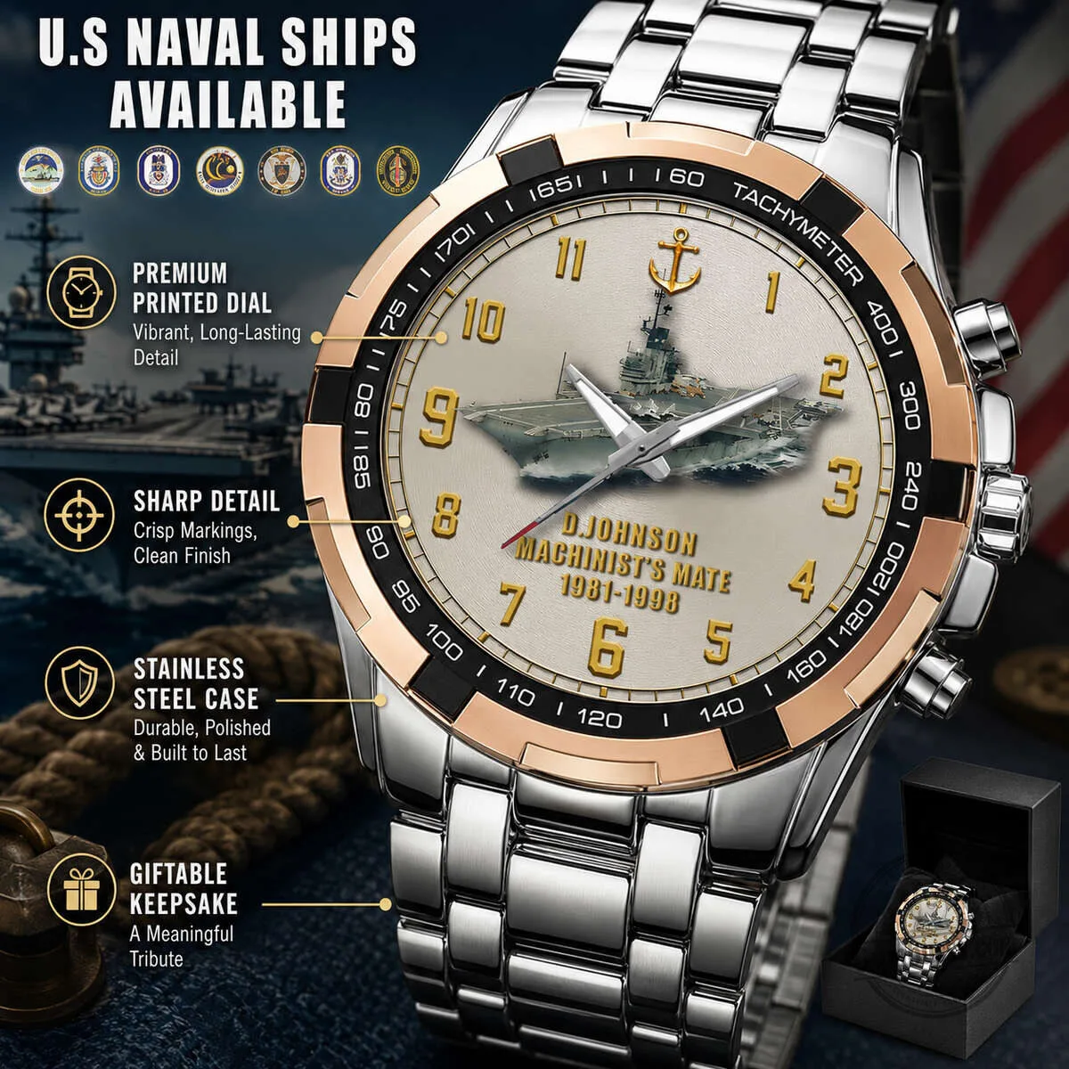 United States Naval Ships Personalized Stainless Steel Tachymeter Watch 13 United States Naval Ships Personalized Stainless Steel Tachymeter Watch