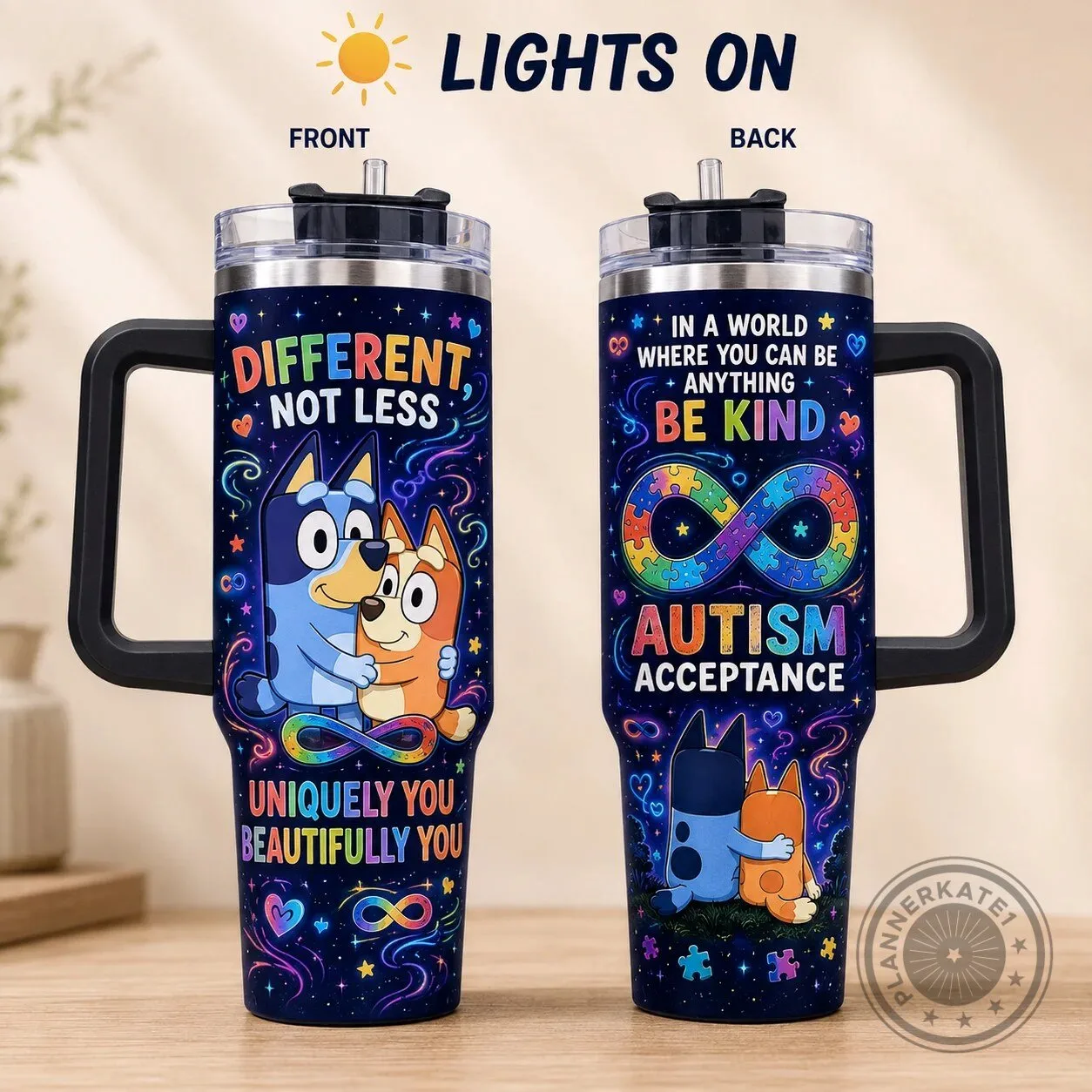 Bluey and Bingo Autism Acceptance Different Not Less Be Kind 40oz Tumbler