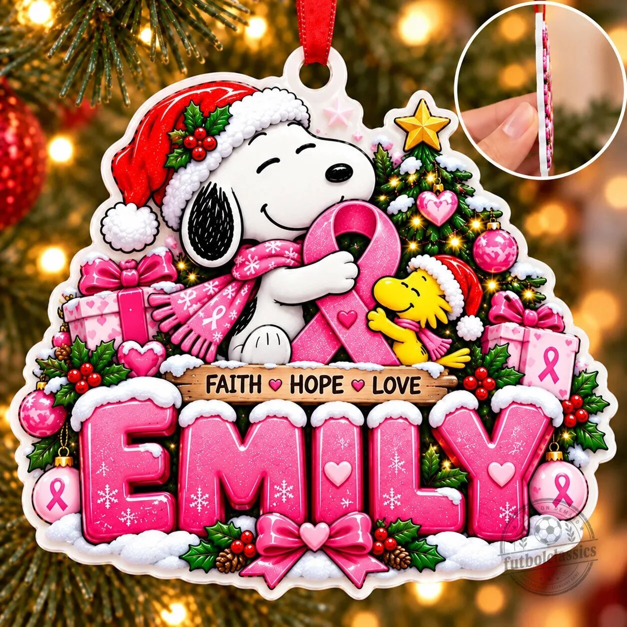 Snoopy and Woodstock Breast Cancer Awareness Personalized Christmas Ornament