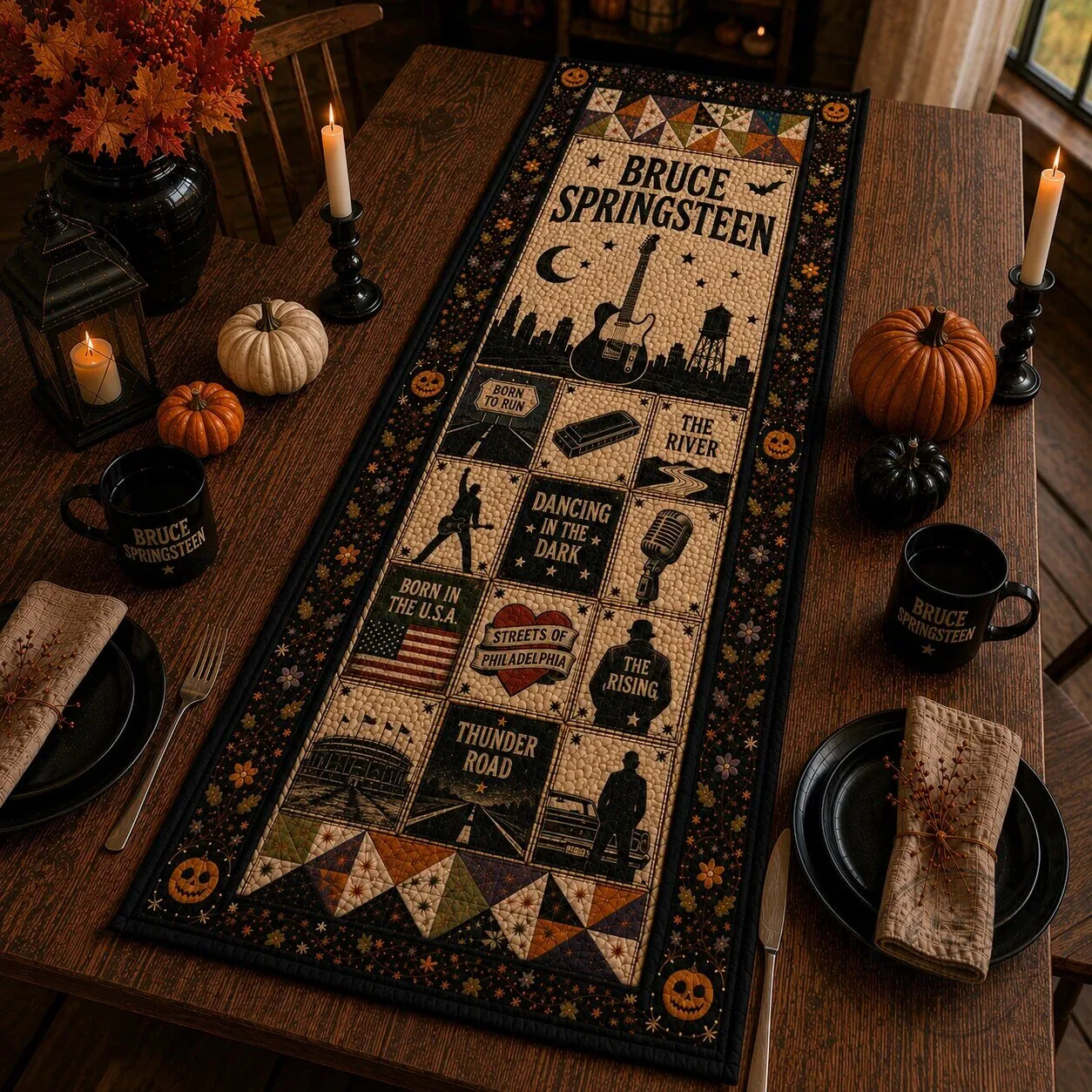 Bruce Springsteen Halloween Table Runner, Quilted Rock Music Fall Table Decor