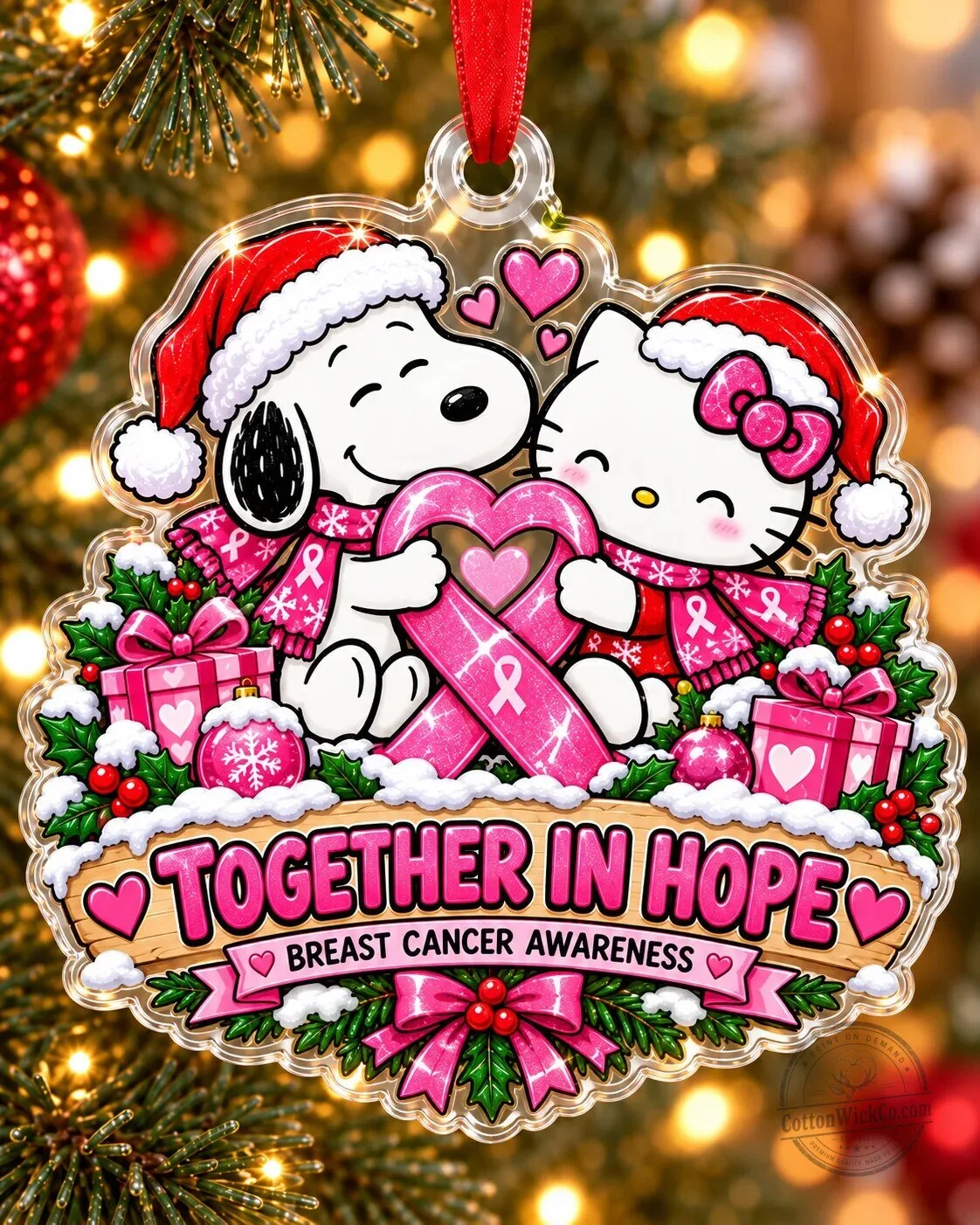 Snoopy Hello Kitty Breast Cancer Awareness Together In Hope Christmas Ornament