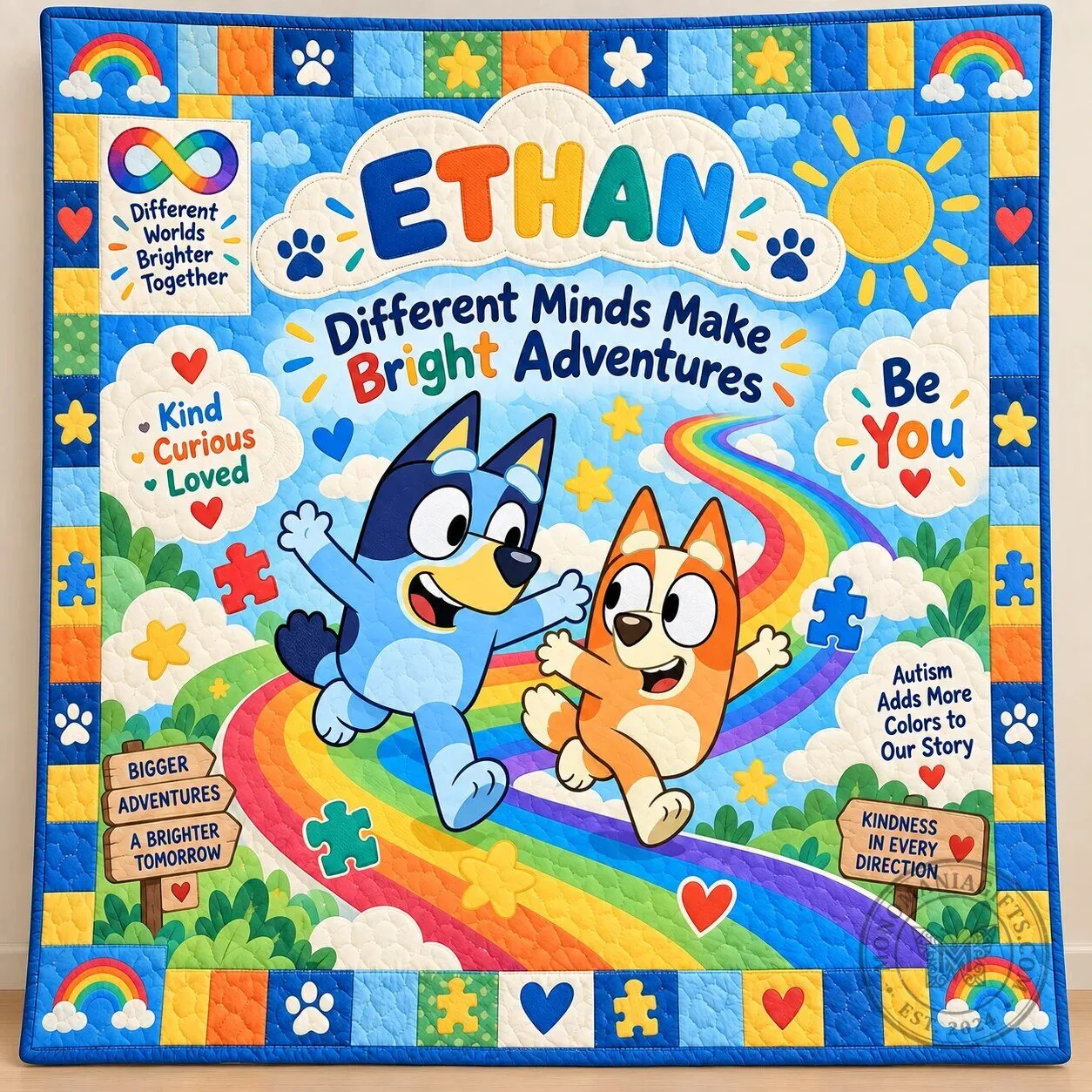 Personalized Bluey and Bingo Autism Awareness Quilt Blanket