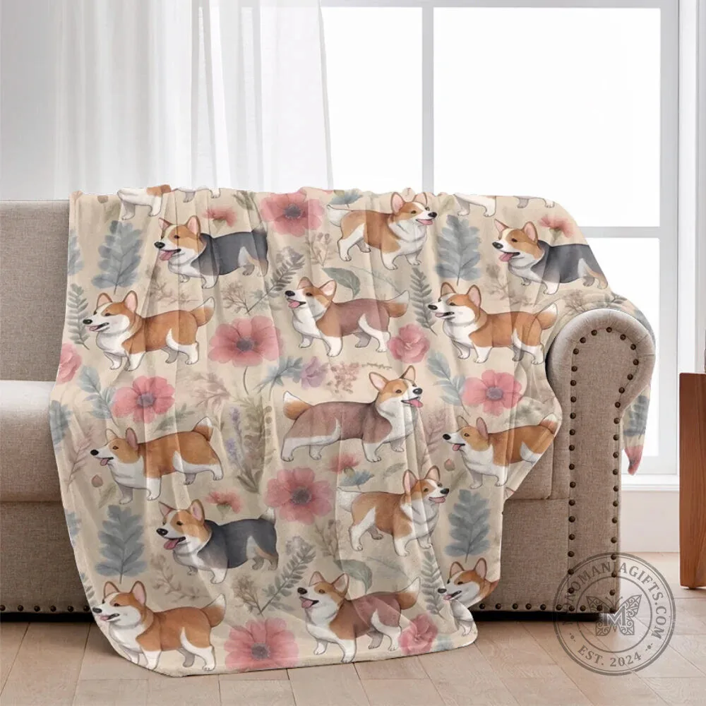 Vintage Corgi Dog Lover Floral Pattern Soft Cozy Throw Blanket