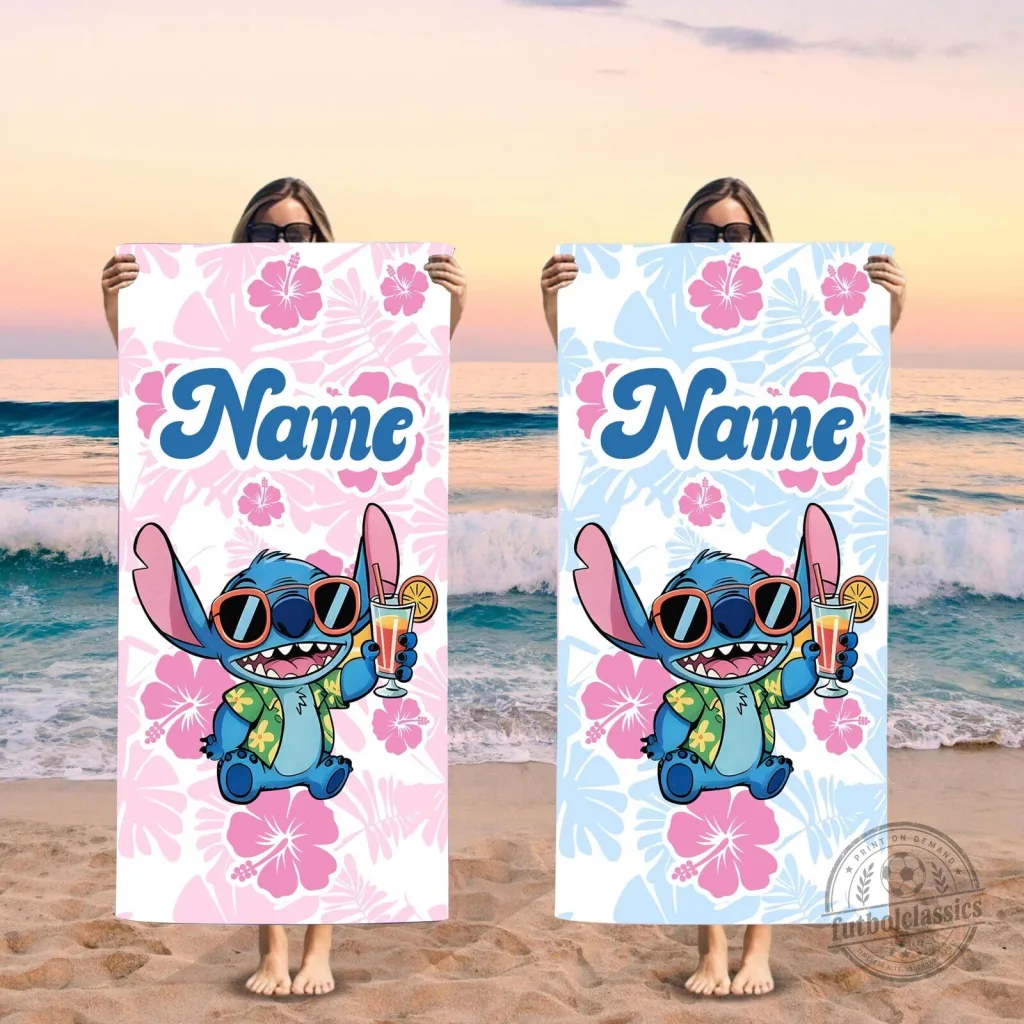 Personalized Stitch Hibiscus Floral Beach Bath Towel for Summer Vacation Personalized Stitch Hibiscus Floral Beach Bath Towel for Summer Vacation