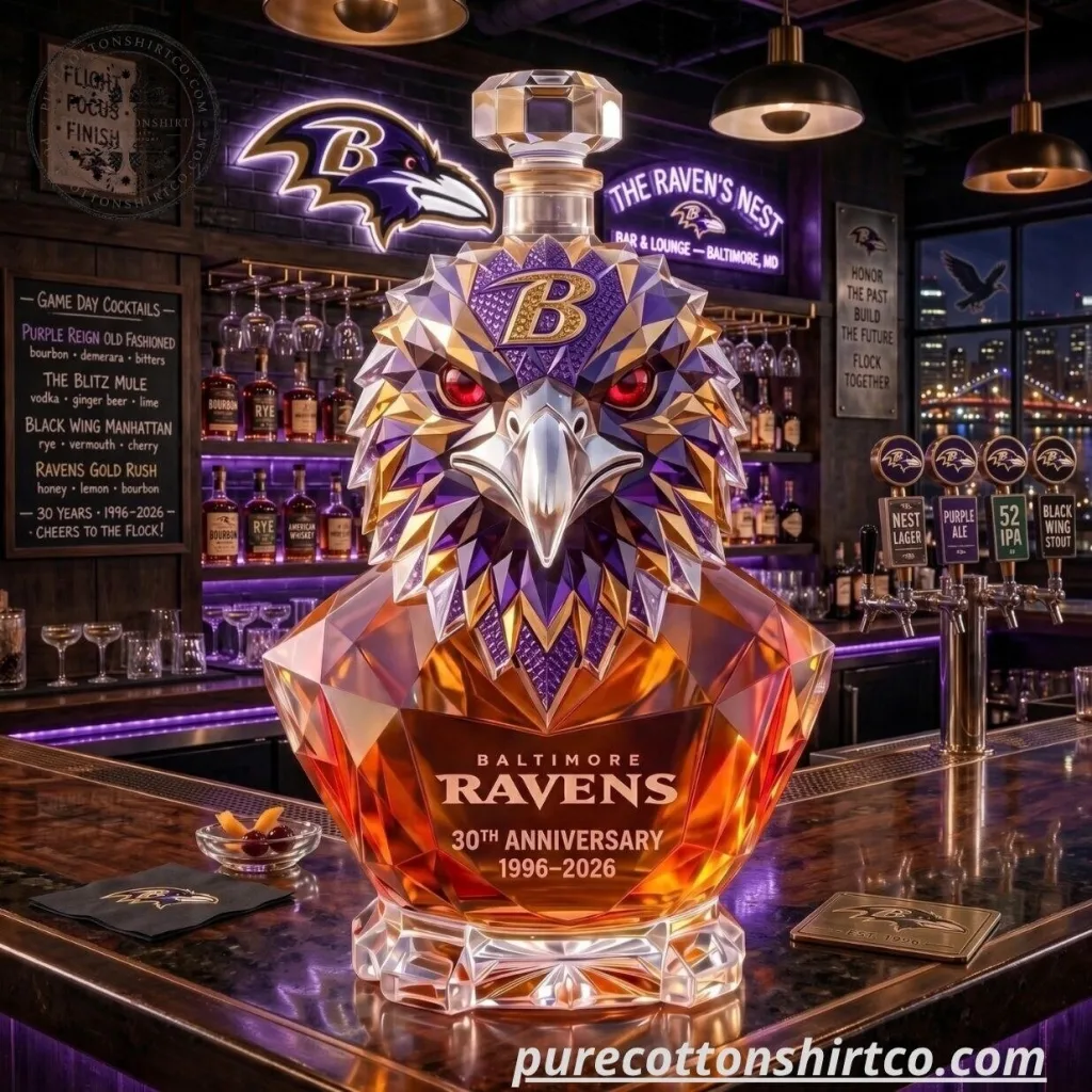 "2026 NFL Anniversary Gifts: Whiskey Decanters, Ornaments, Music Box" 34 Baltimore Ravens 30th Anniversary Whiskey Decanter 2026 – Crystal Raven Head Decanter