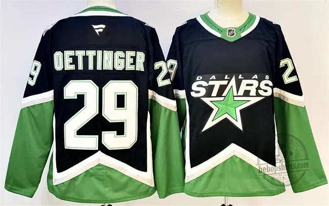 Dallas Stars Jake Oettinger Number 29 Black and Green Hockey Jersey