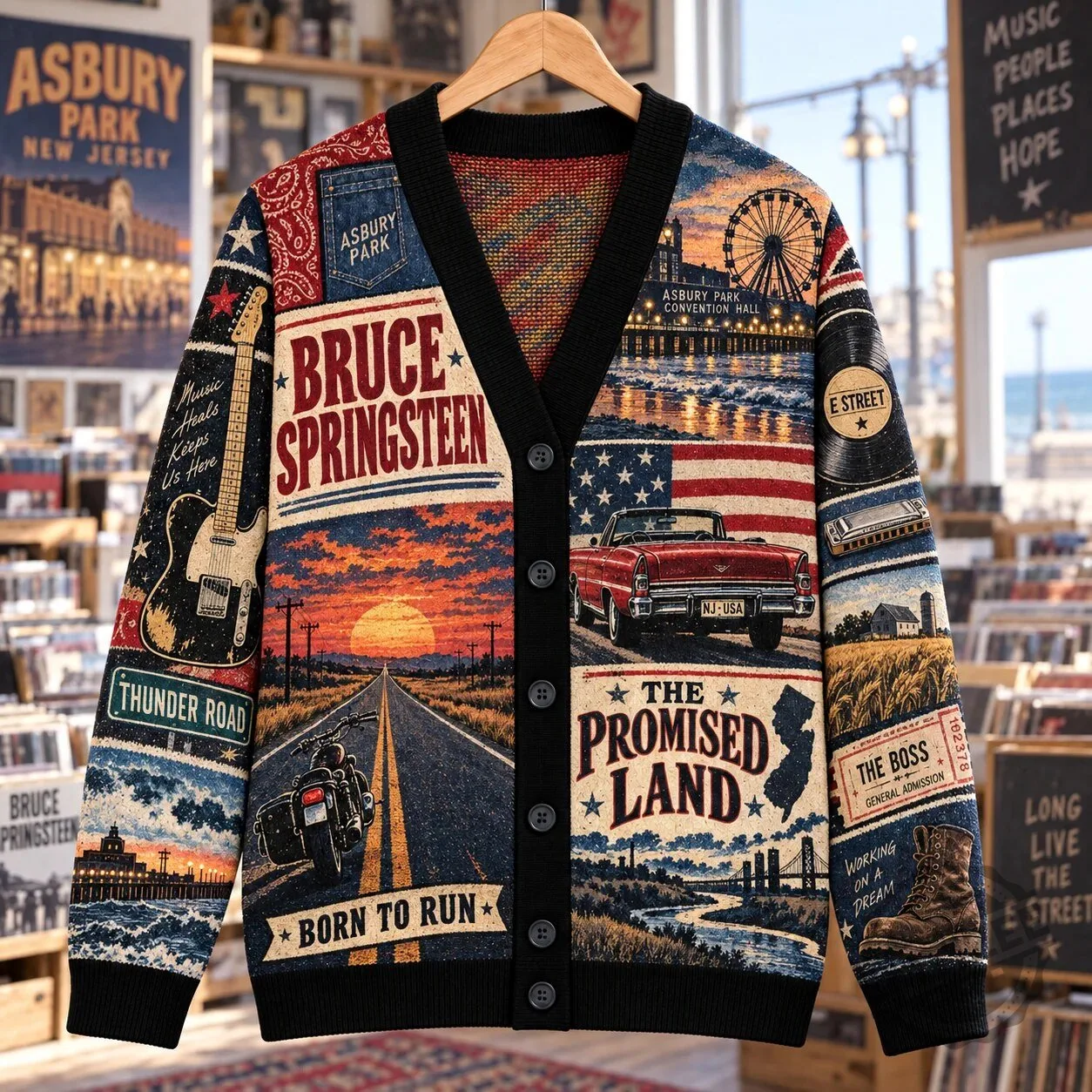 Bruce Springsteen Born to Run The Promised Land Patchwork Knit Cardigan