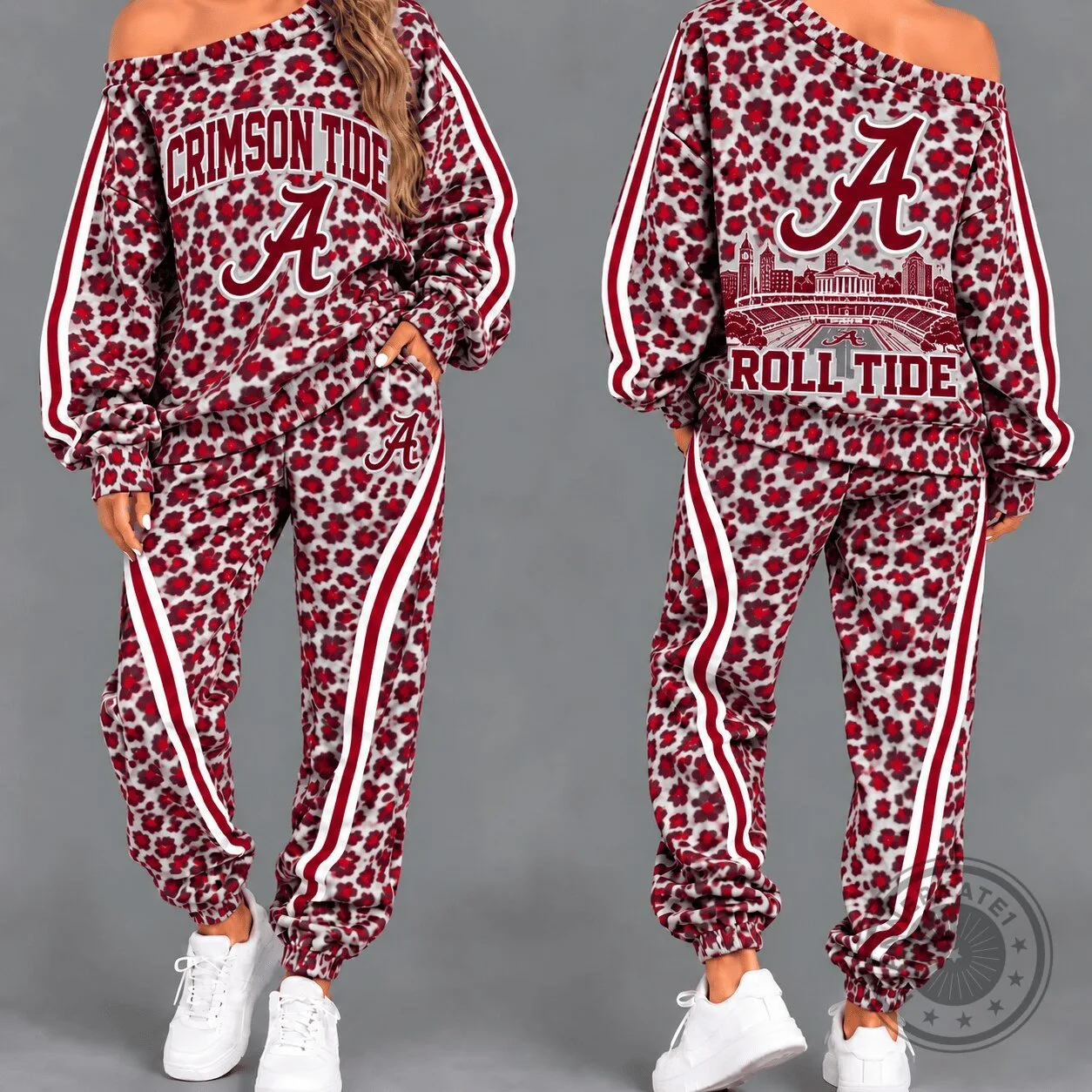 Alabama Crimson Tide Women's Leopard Print Off Shoulder Tracksuit Set