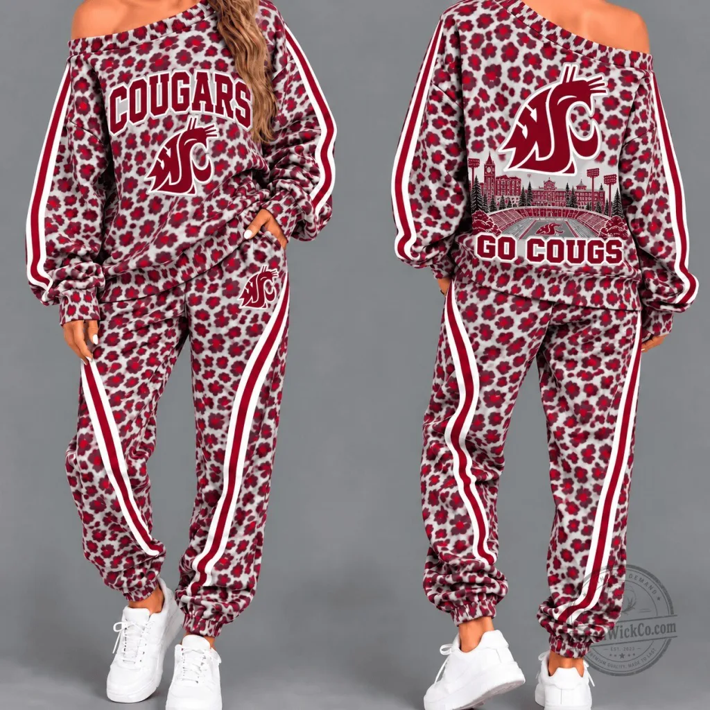 Washington State Cougars Women's Leopard Print Off Shoulder Sweatshirt and Pants Set Washington State Cougars Women's Leopard Print Off Shoulder Sweatshirt and Pants Set