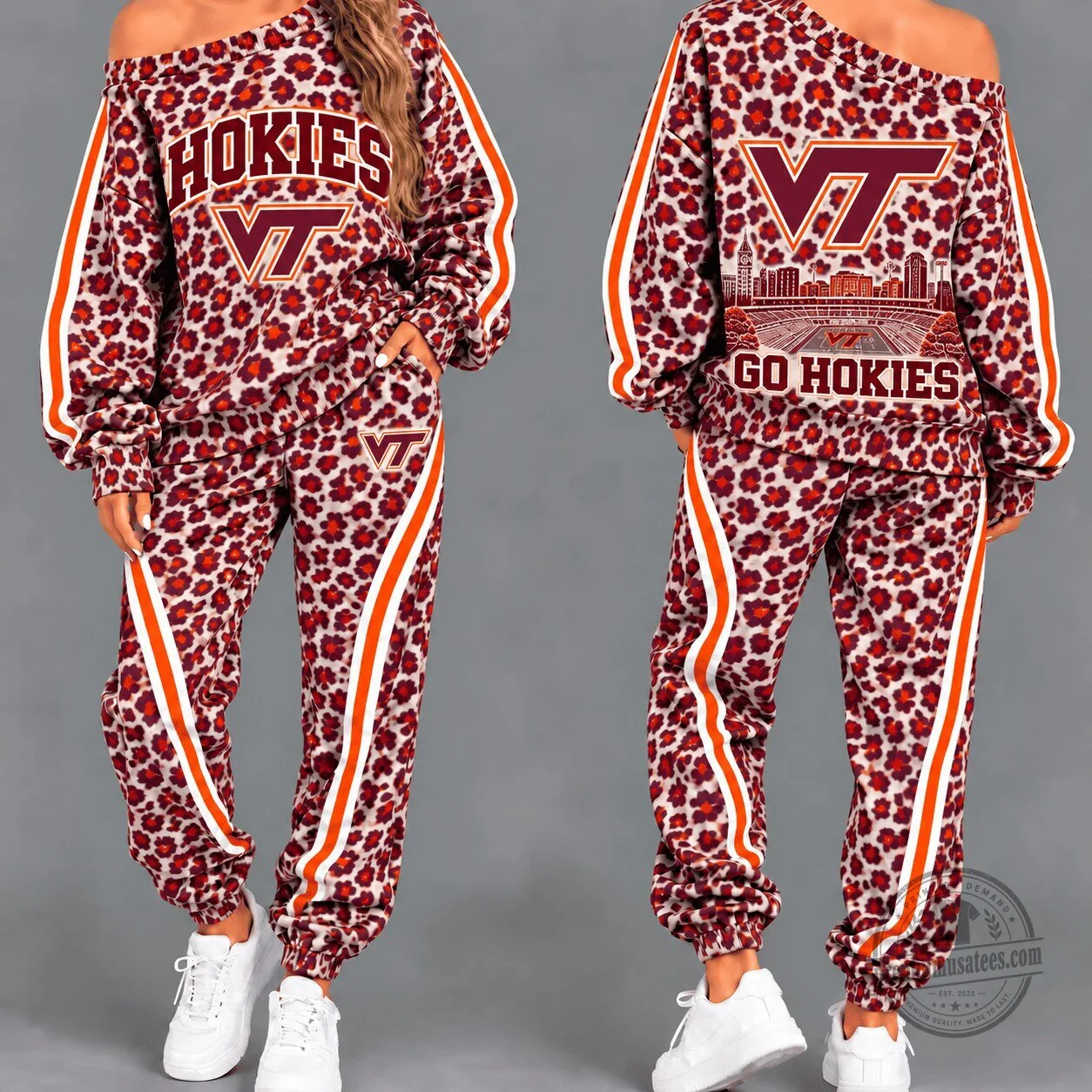 Virginia Tech Hokies Women's Leopard Print Off Shoulder Tracksuit Set