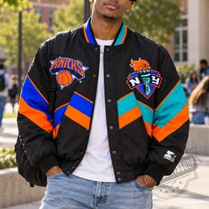 New York Knicks Retro Colorblock Matte Bomber Jacket 5 New York Knicks Retro Colorblock Matte Bomber Jacket
