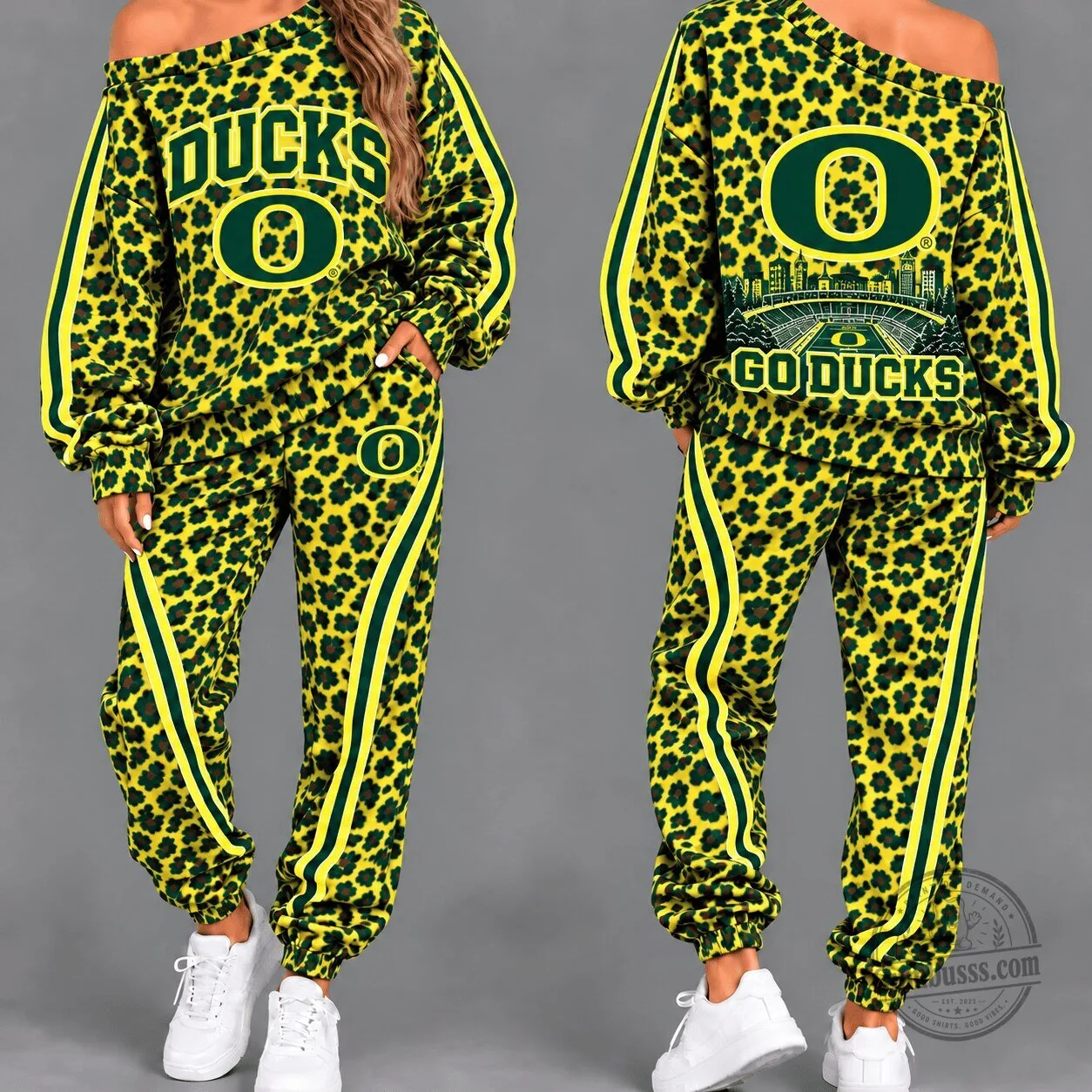 Oregon Ducks Leopard Print Off Shoulder Sweatshirt and Pants Tracksuit Set