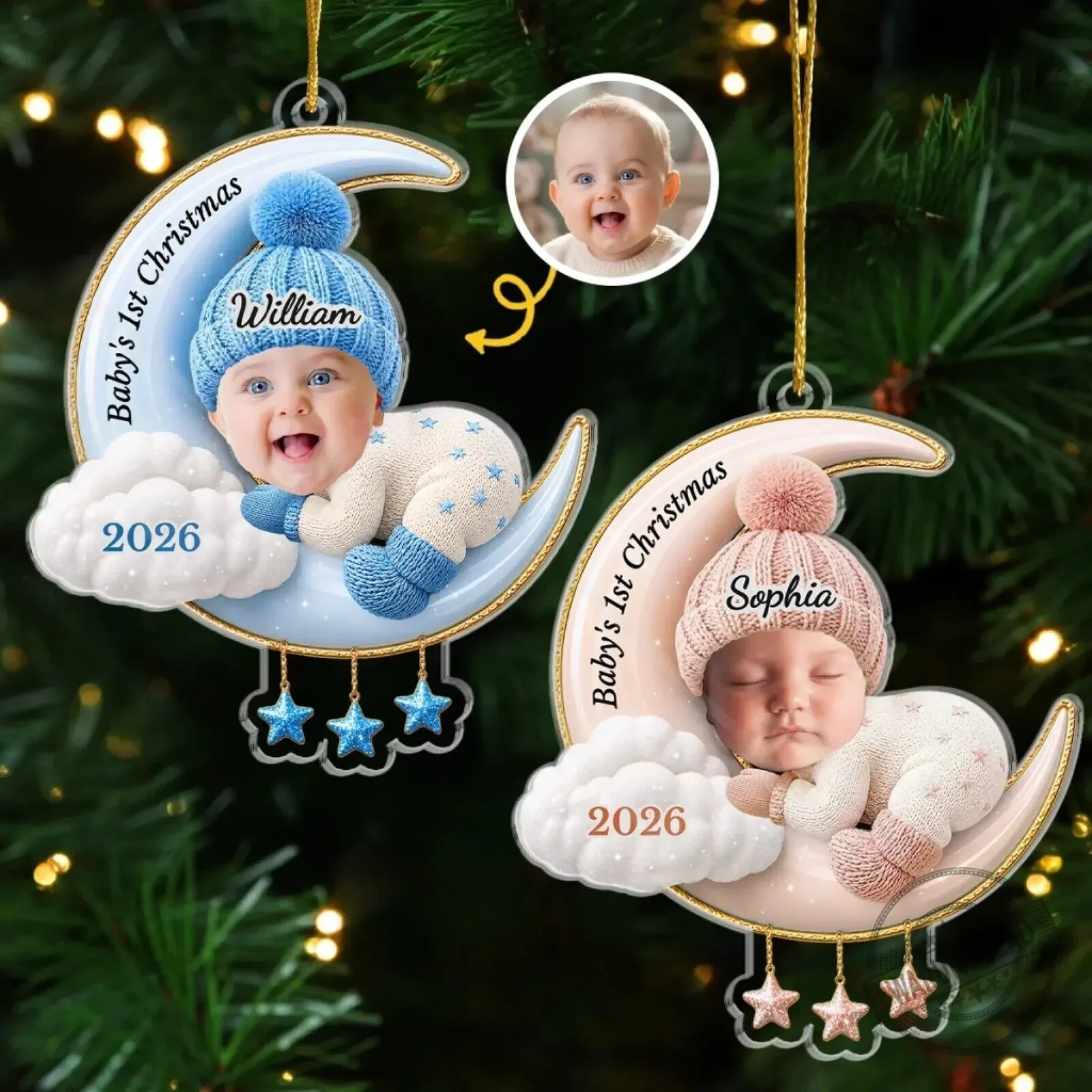 Personalized Baby's First Christmas Moon and Stars Acrylic Ornament