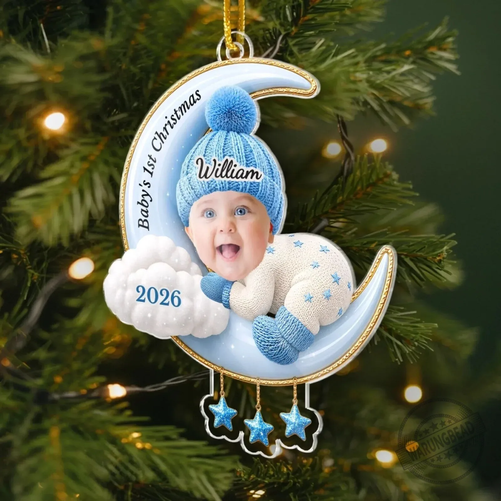 Personalized Baby's First Christmas Moon and Stars Acrylic Ornament 10 Personalized Baby