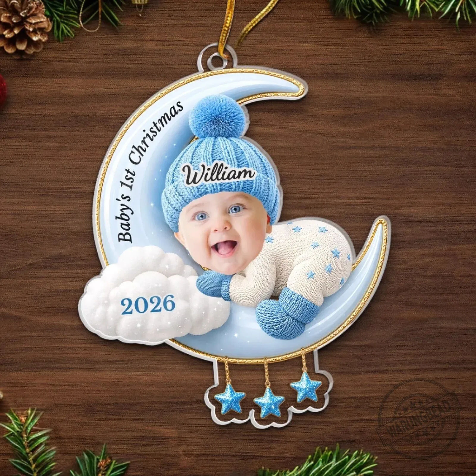 Personalized Baby's First Christmas Moon and Stars Acrylic Ornament 12 Personalized Baby