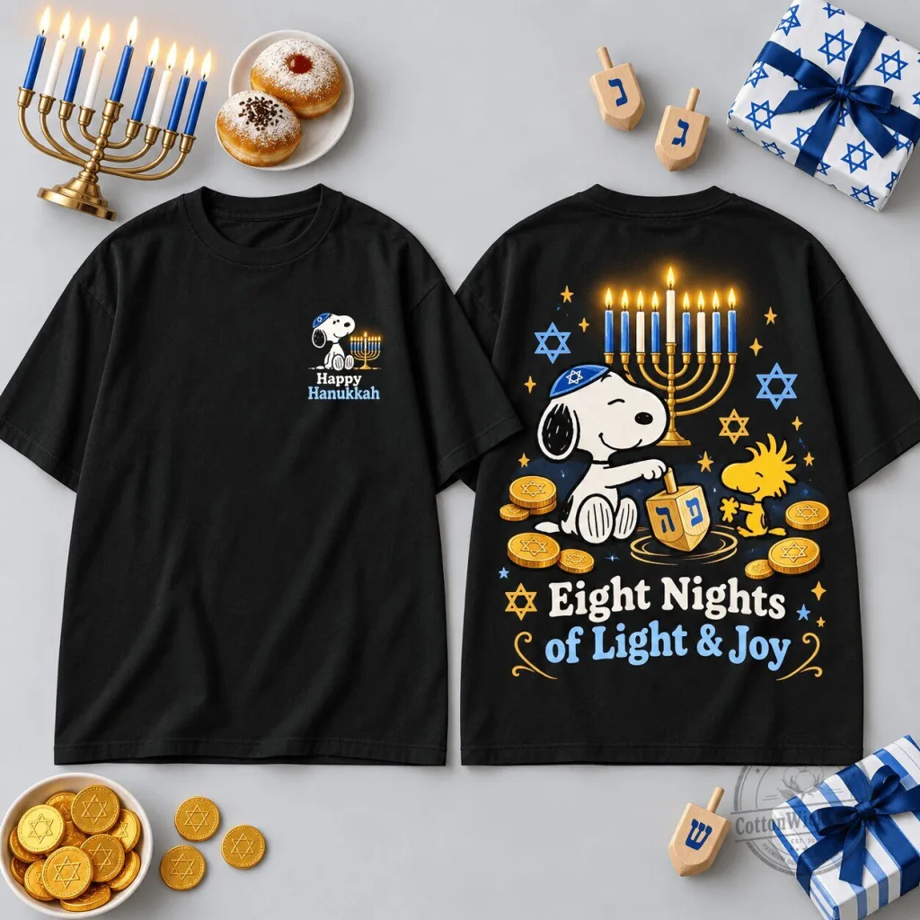 Snoopy Eight Nights of Light and Joy Hanukkah Black T-Shirt Snoopy Eight Nights of Light and Joy Hanukkah Black T-Shirt