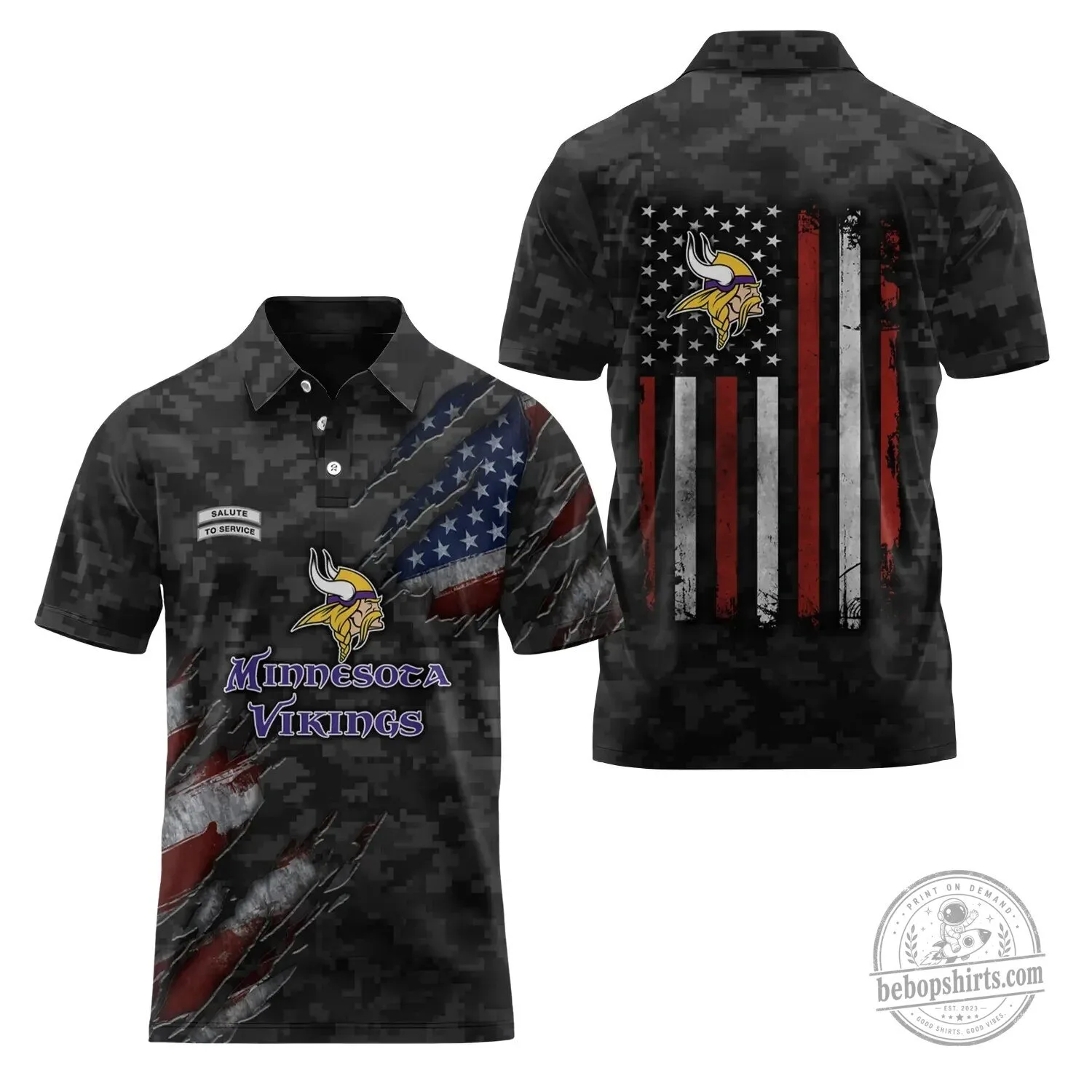 Minnesota Vikings Salute To Service American Flag Camouflage Polo Shirt