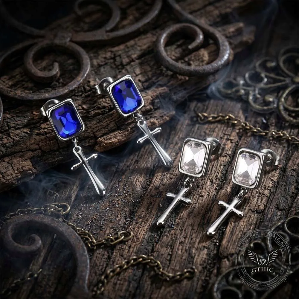 Gothic Cross Gemstone Stainless Steel Drop Earrings