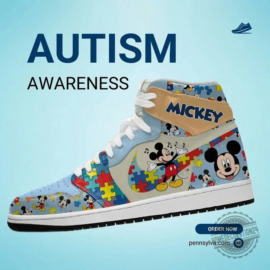 High Top Sneakers for Autism Awareness featuring Mickey Mouse