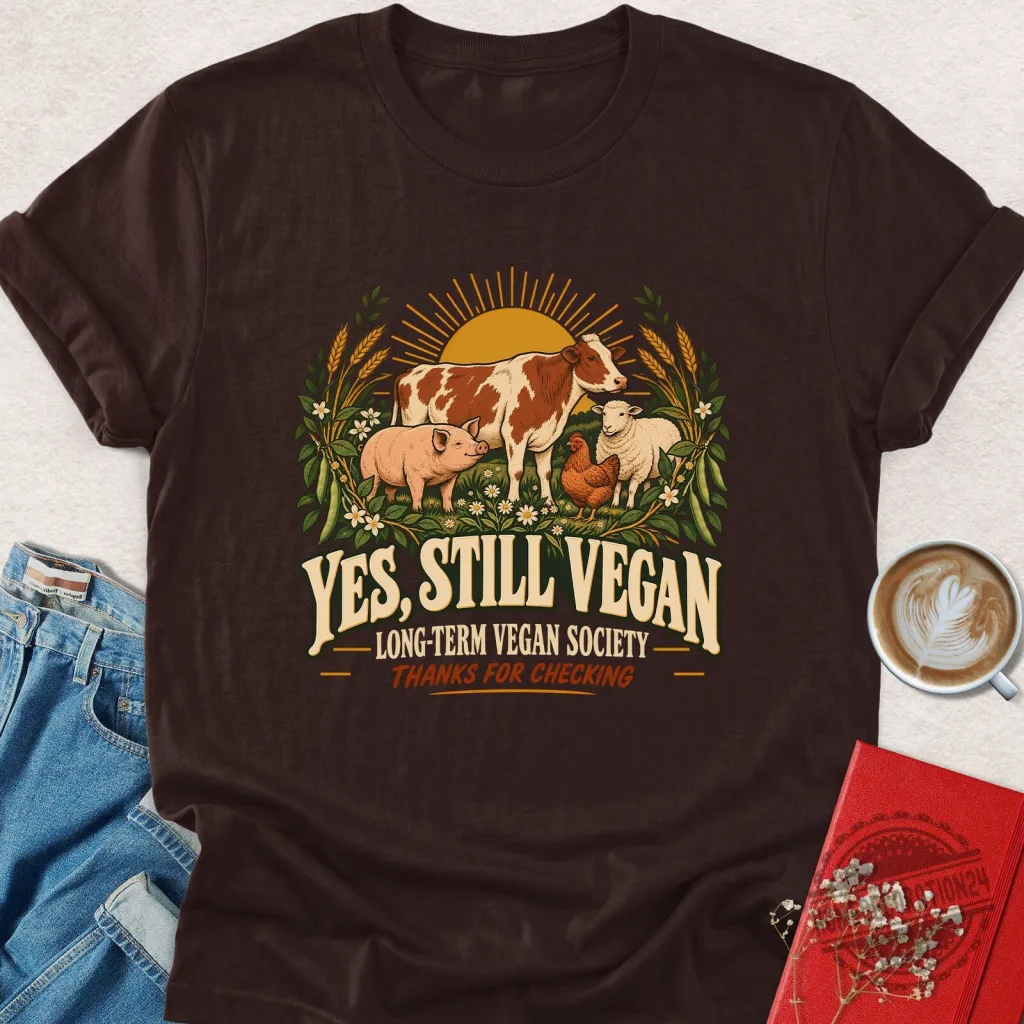 Yes Still Vegan Long Term Vegan Society Thanks For Checking T-Shirt Yes Still Vegan Long Term Vegan Society Thanks For Checking T-Shirt