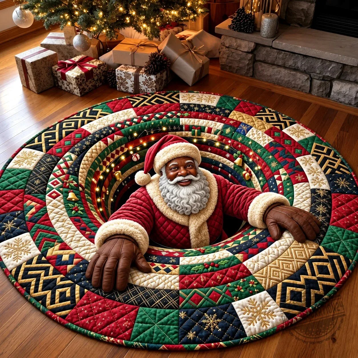Melanin Santa Claus Christmas Quilted Round Mat