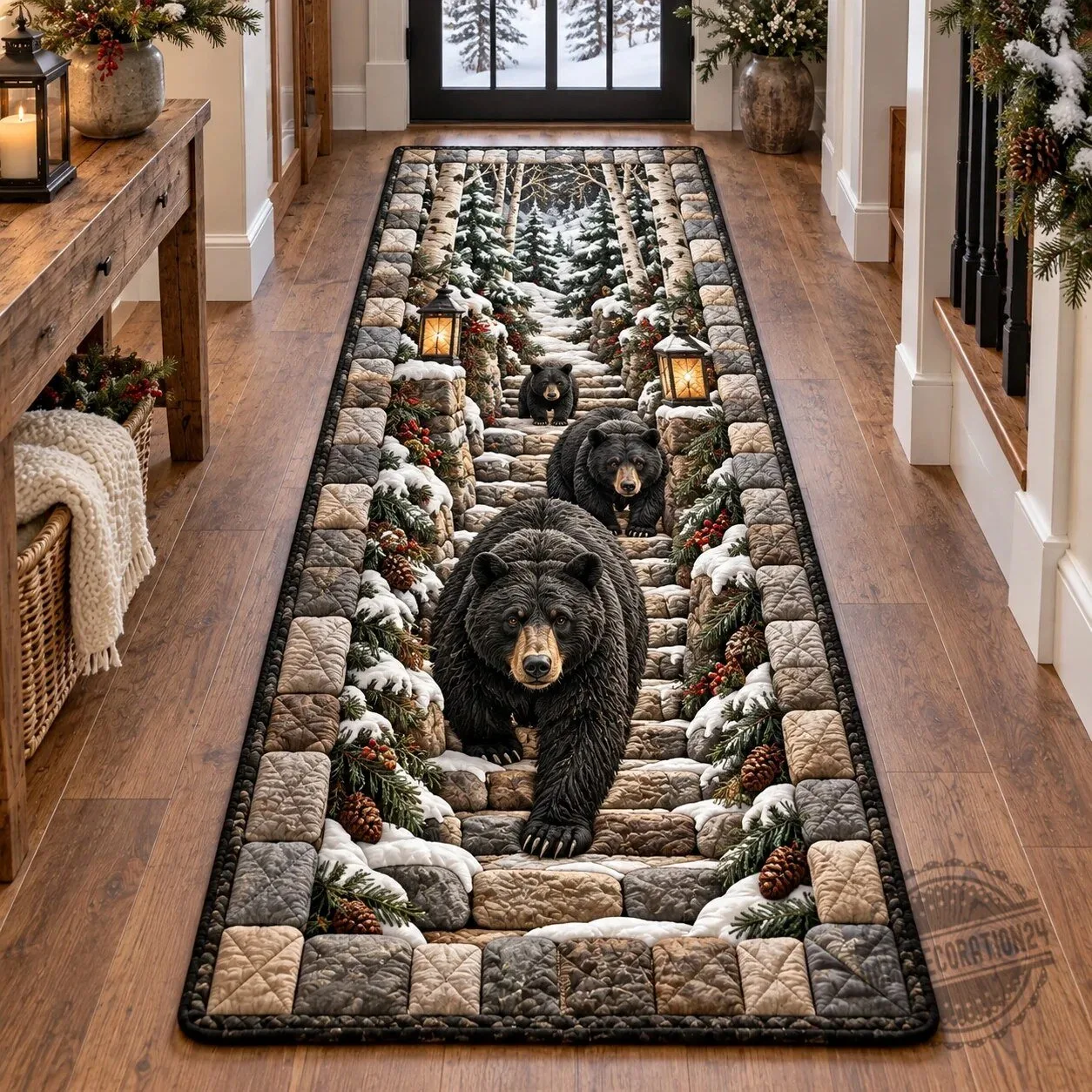 Winter Forest Black Bear Family Stone Steps Hallway Runner Rug