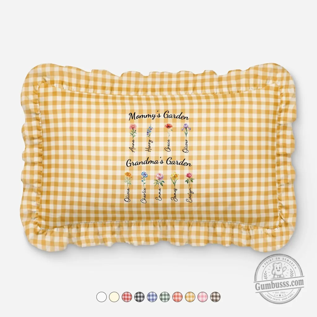 Personalized Mommy and Grandma's Garden Gingham Ruffle Pillow Personalized Mommy and Grandma's Garden Gingham Ruffle Pillow