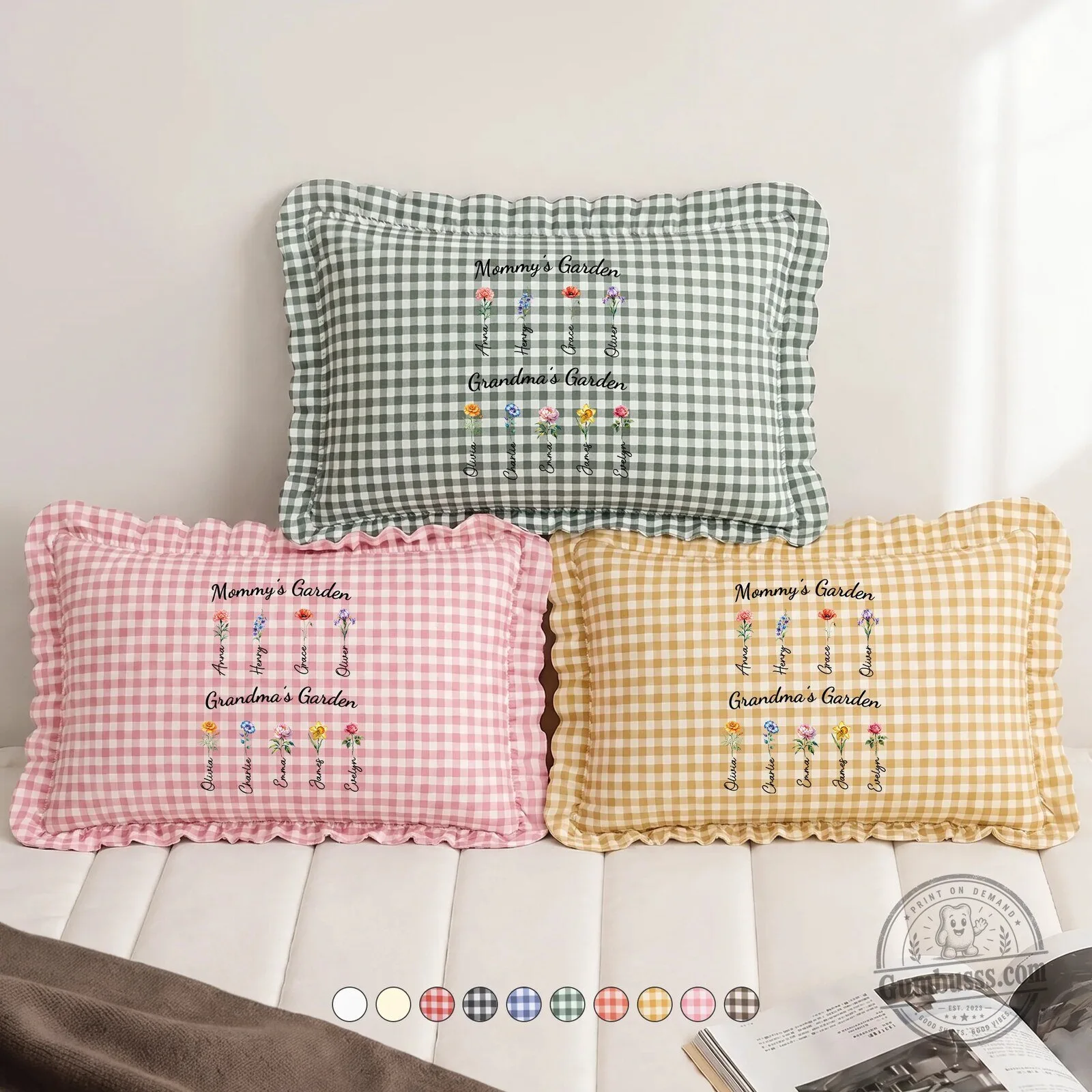 Personalized Mommy and Grandma's Garden Gingham Ruffle Pillow 9 Personalized Mommy and Grandma