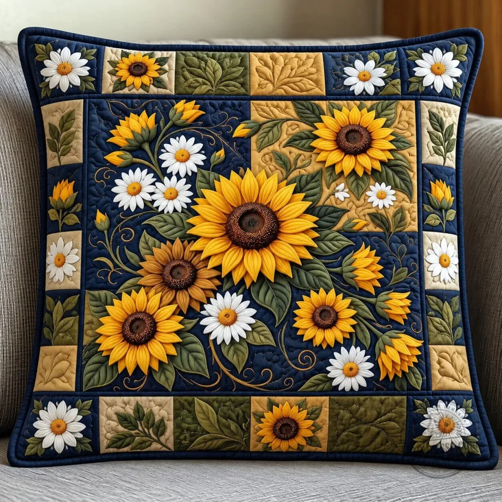 Sunflower and Daisy Quilted Floral Pattern Decorative Throw Pillow Case Sunflower and Daisy Quilted Floral Pattern Decorative Throw Pillow Case