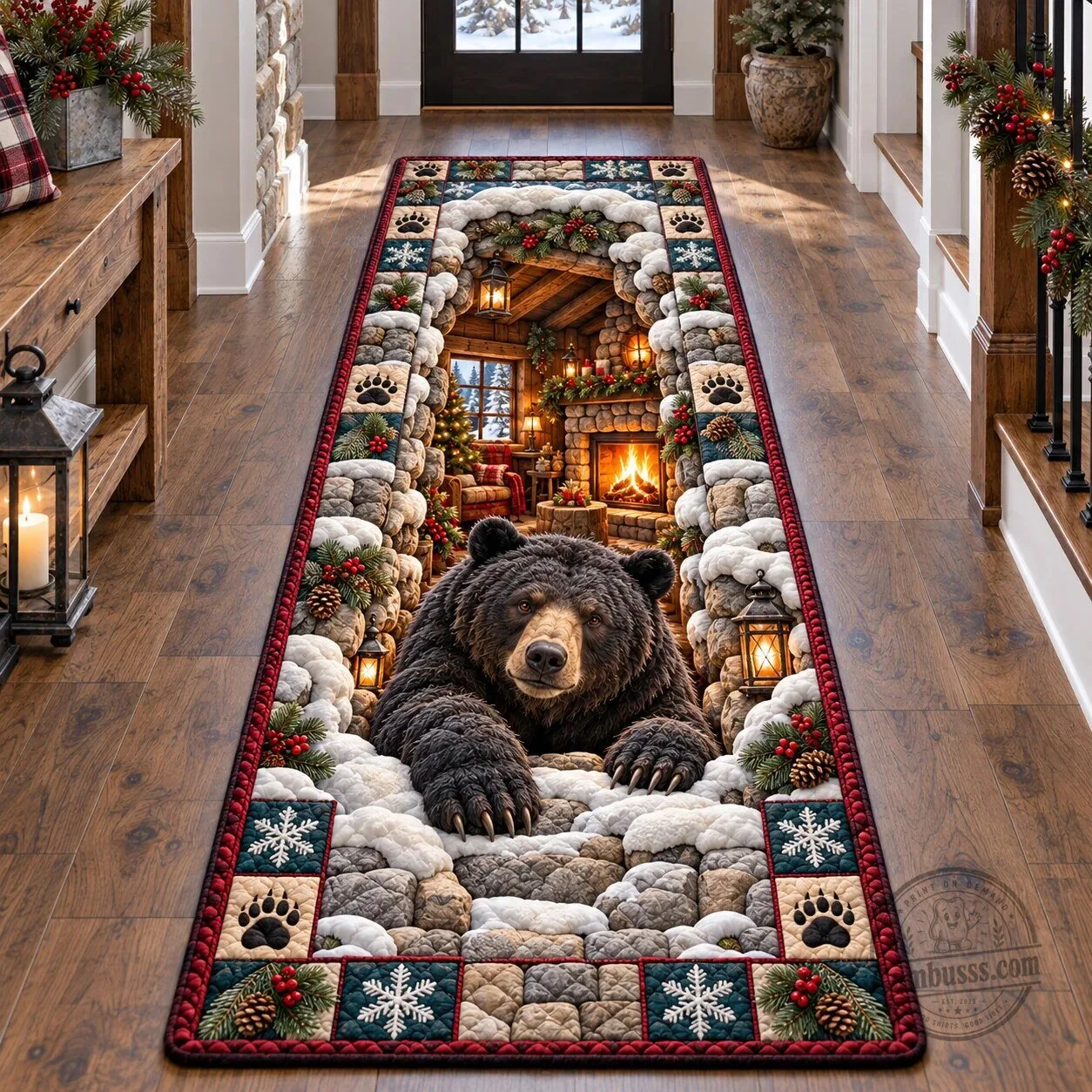 Fireside Bear Den Christmas Winter Snow Cabin Scene Runner Rug