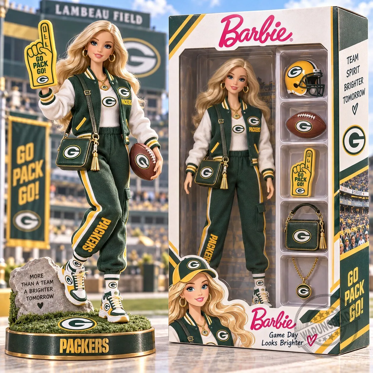 Green Bay Packers Barbie Doll with Football Team Accessories 1 Green Bay Packers Barbie Doll with Football Team Accessories