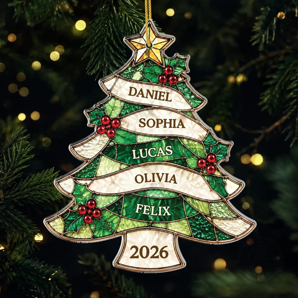 Personalized Family Tree Christmas Ornament with Names and Year