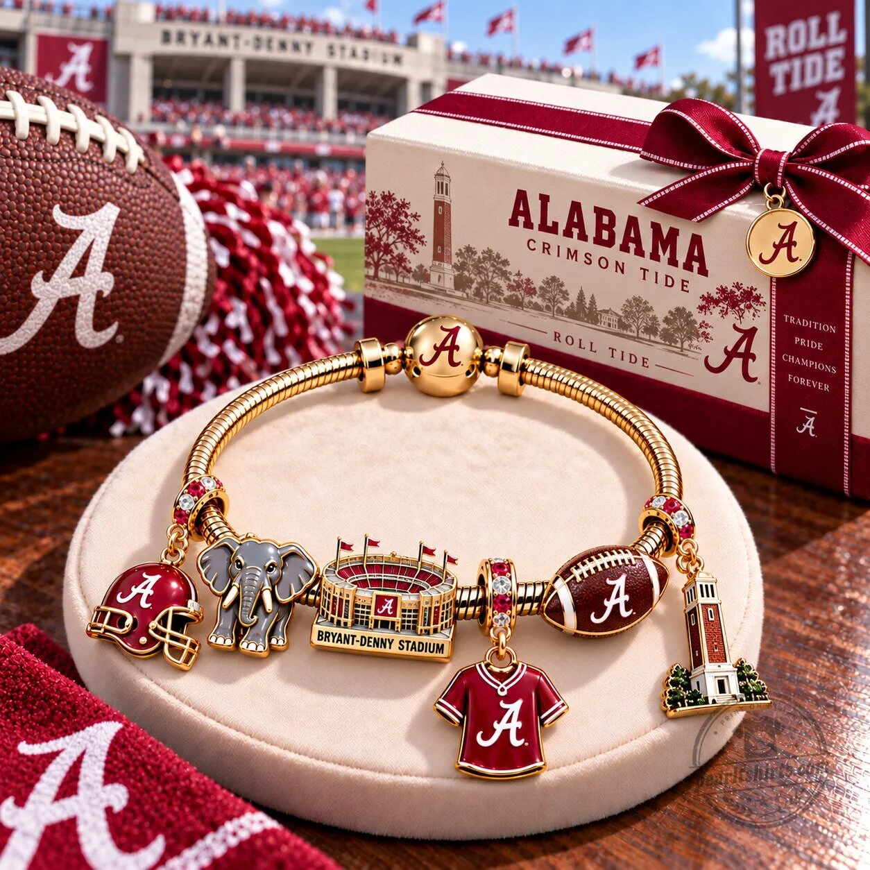 Charm Bracelet featuring Alabama's Crimson Tide Football Design