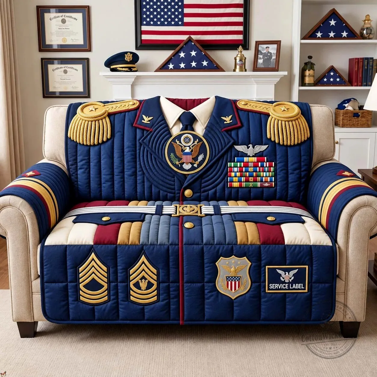 Military Officer Dress Blues Quilted Sofa Cover