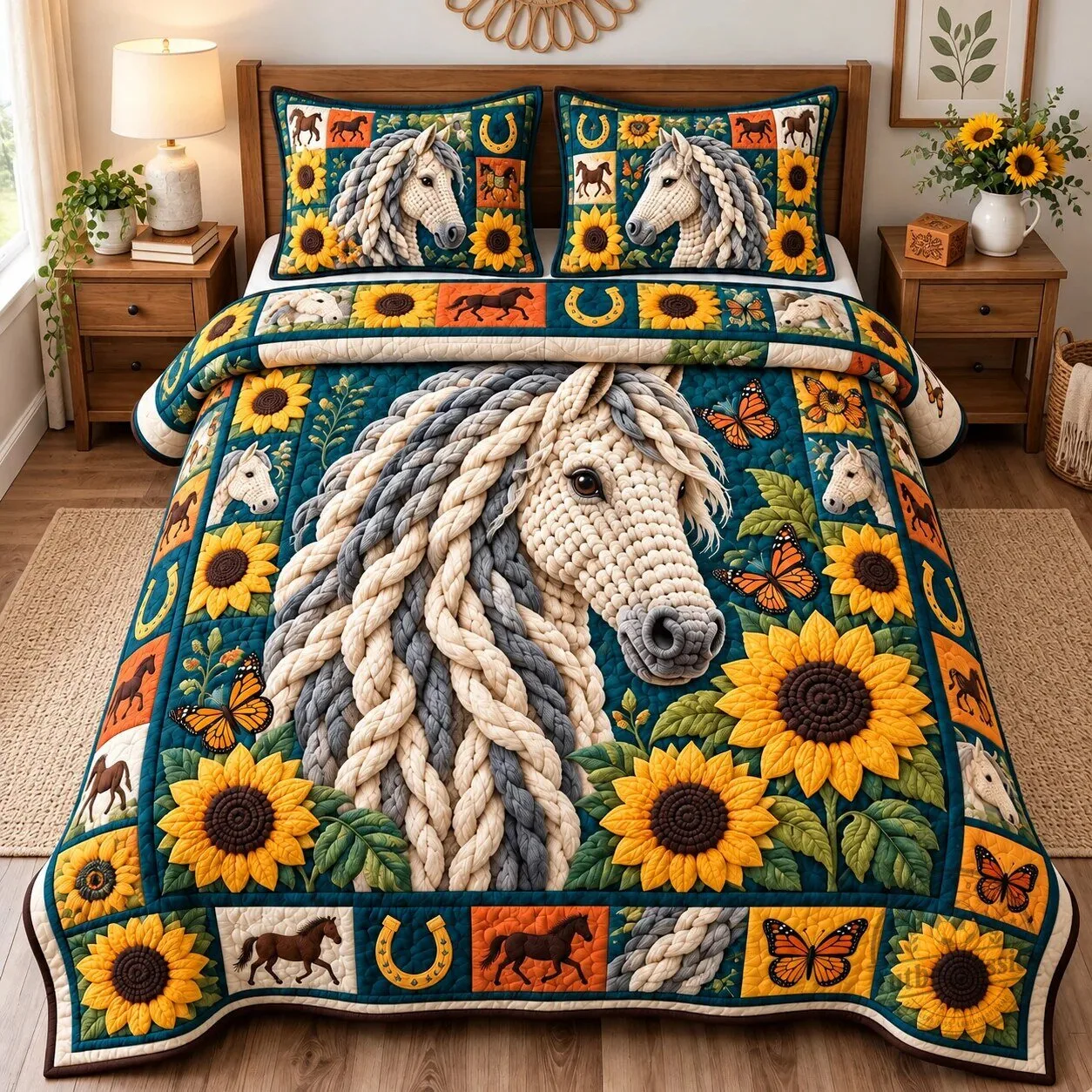 Rustic Horse and Sunflower Quilted Bedding Set with Pillow Shams