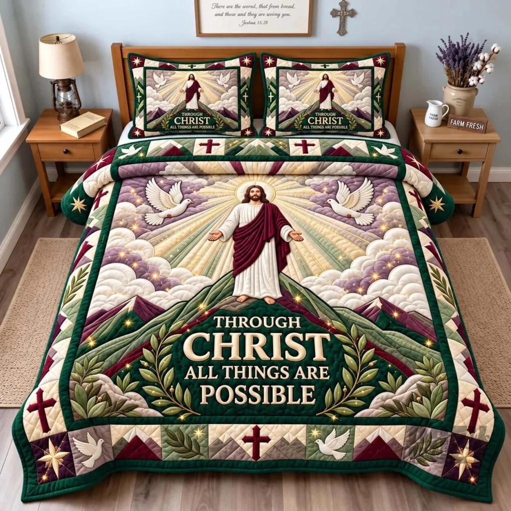Through Christ All Things Are Possible Christian Religious Quilted Bedding Set Through Christ All Things Are Possible Christian Religious Quilted Bedding Set