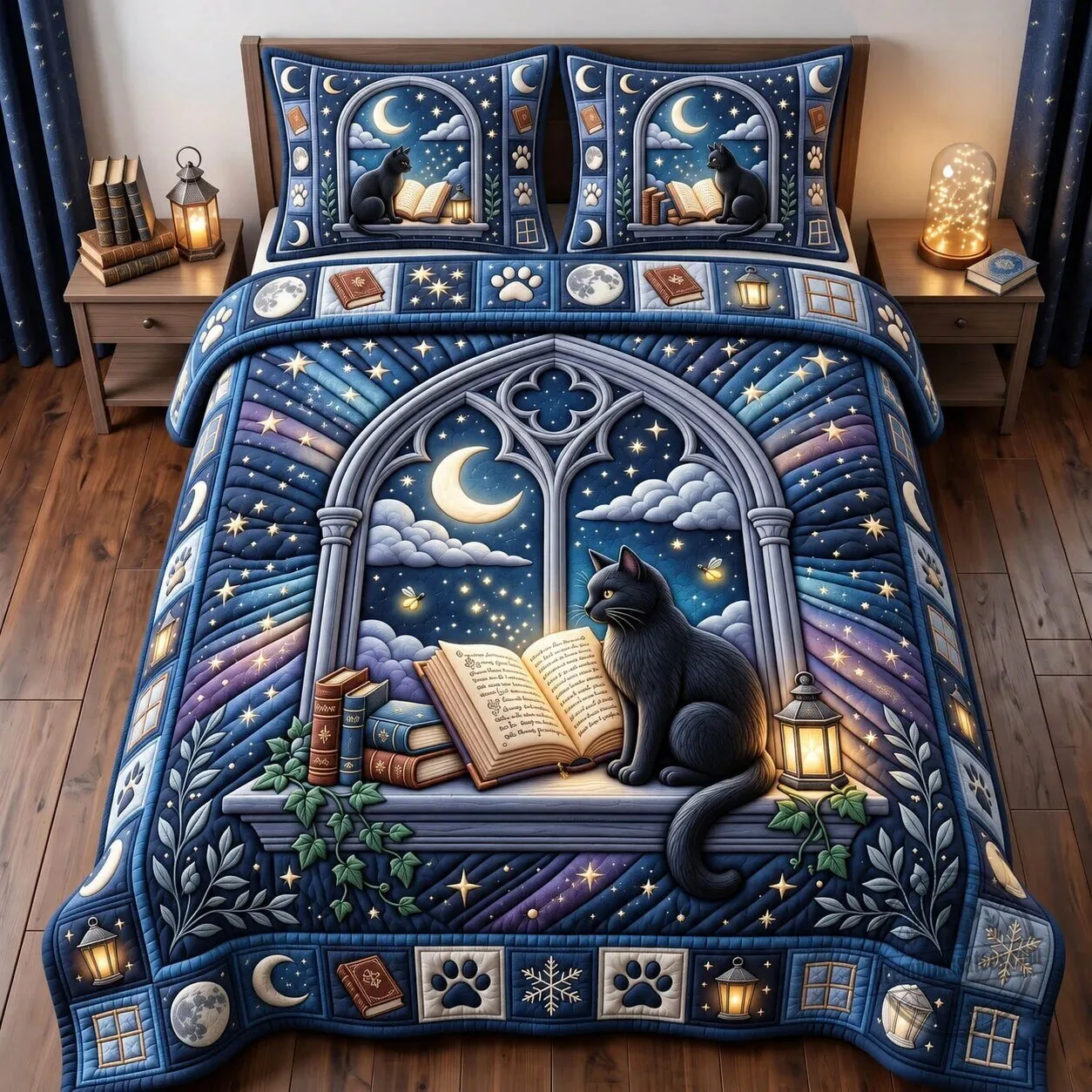 Magical Cat Reading Book Under Moonlight Celestial Quilted Bedding Set