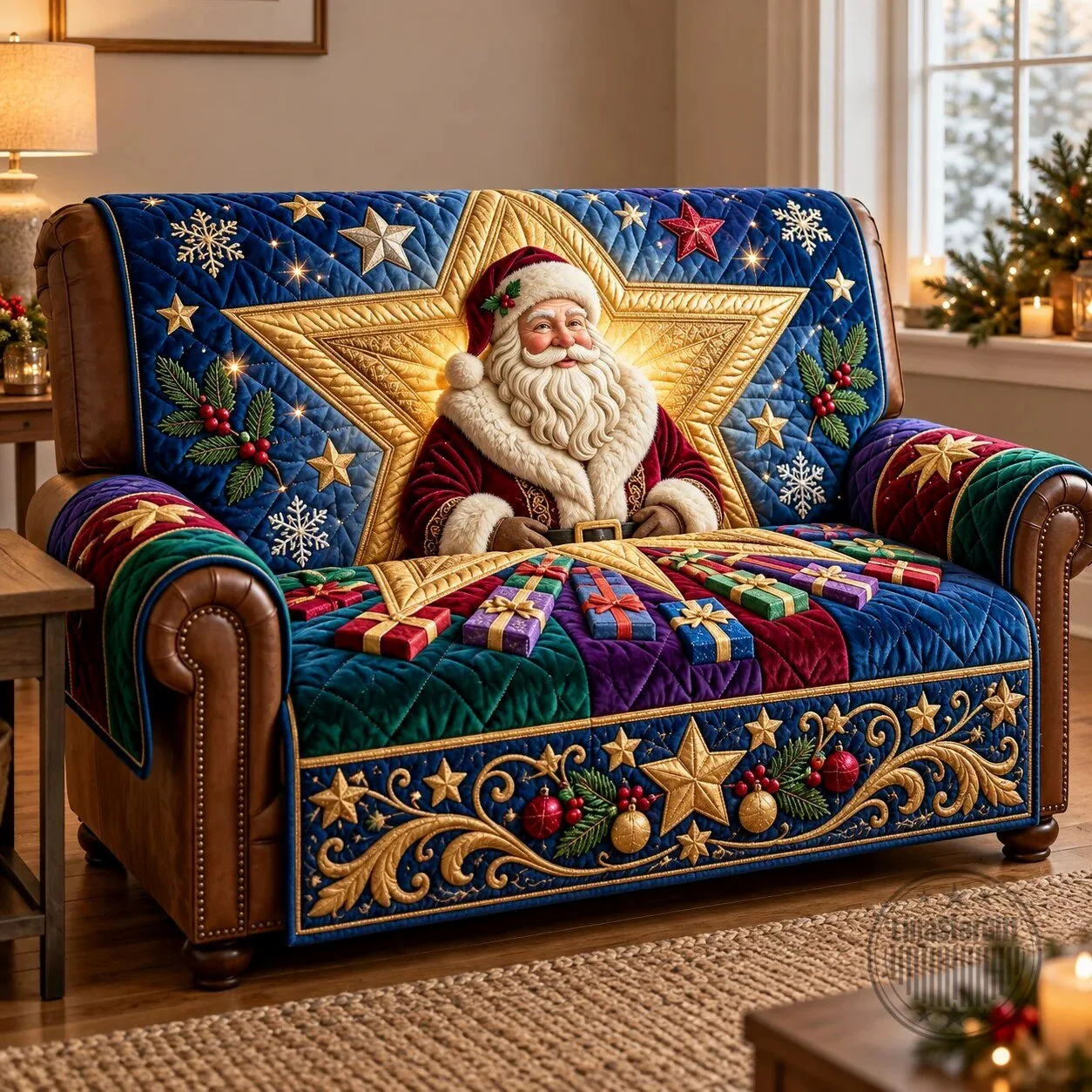 Santa Claus Christmas Holiday Quilted Sofa Slipcover