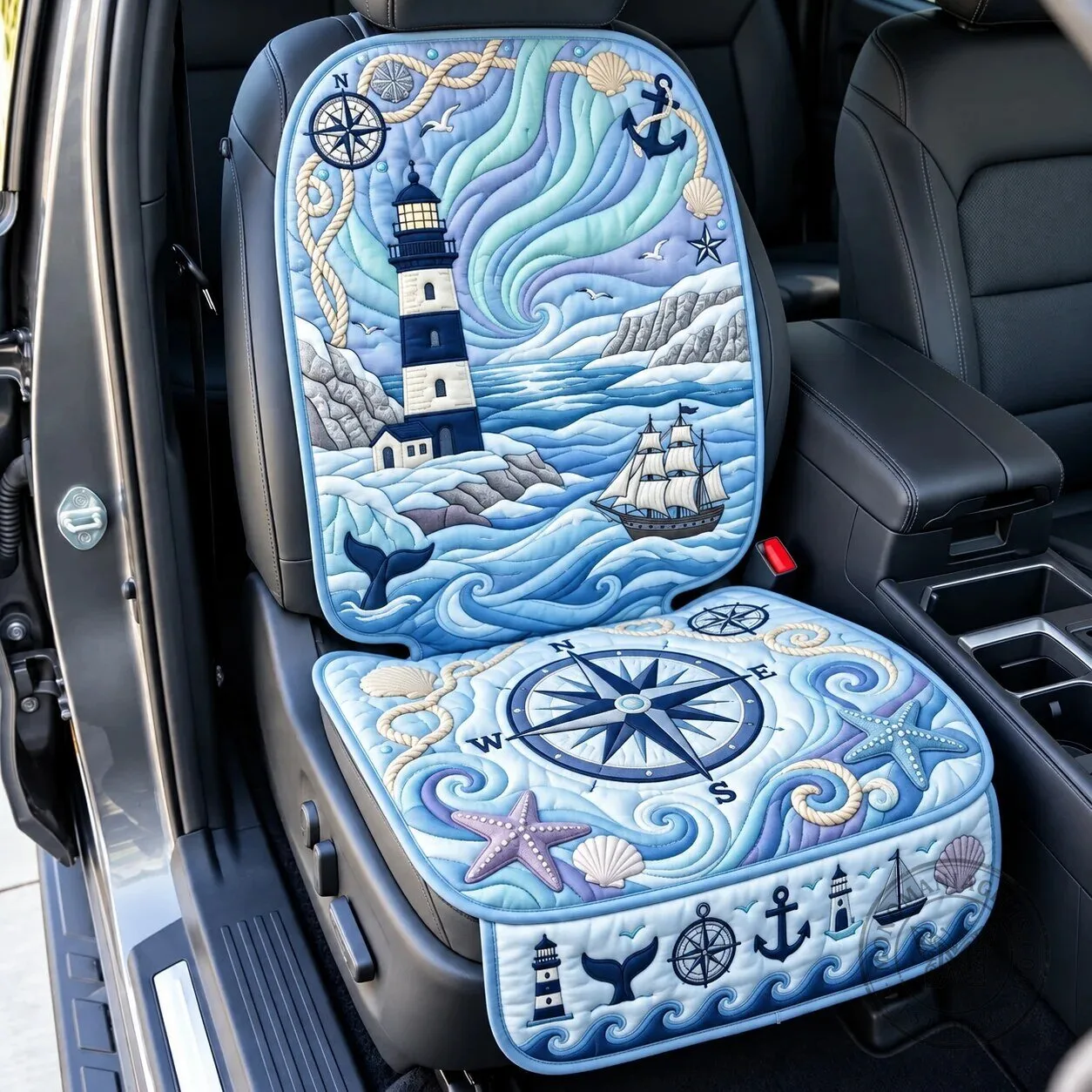 Nautical Lighthouse Ocean Compass Quilted Car Seat Cover Protector