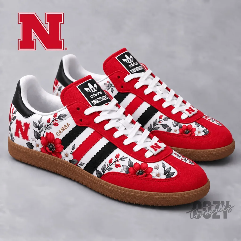 Nebraska Cornhuskers Floral Pattern Red and White Samba Shoes Nebraska Cornhuskers Floral Pattern Red and White Samba Shoes