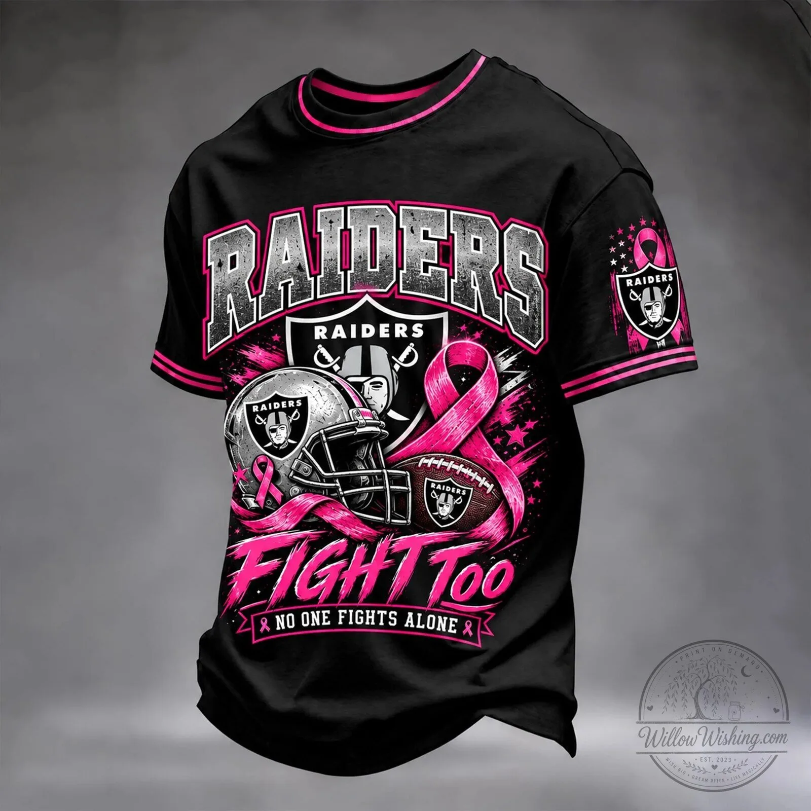 Las Vegas Raiders Breast Cancer Awareness Fight Too No One Fights Alone T-Shirt 2 Las Vegas Raiders Breast Cancer Awareness Fight Too No One Fights Alone T-Shirt