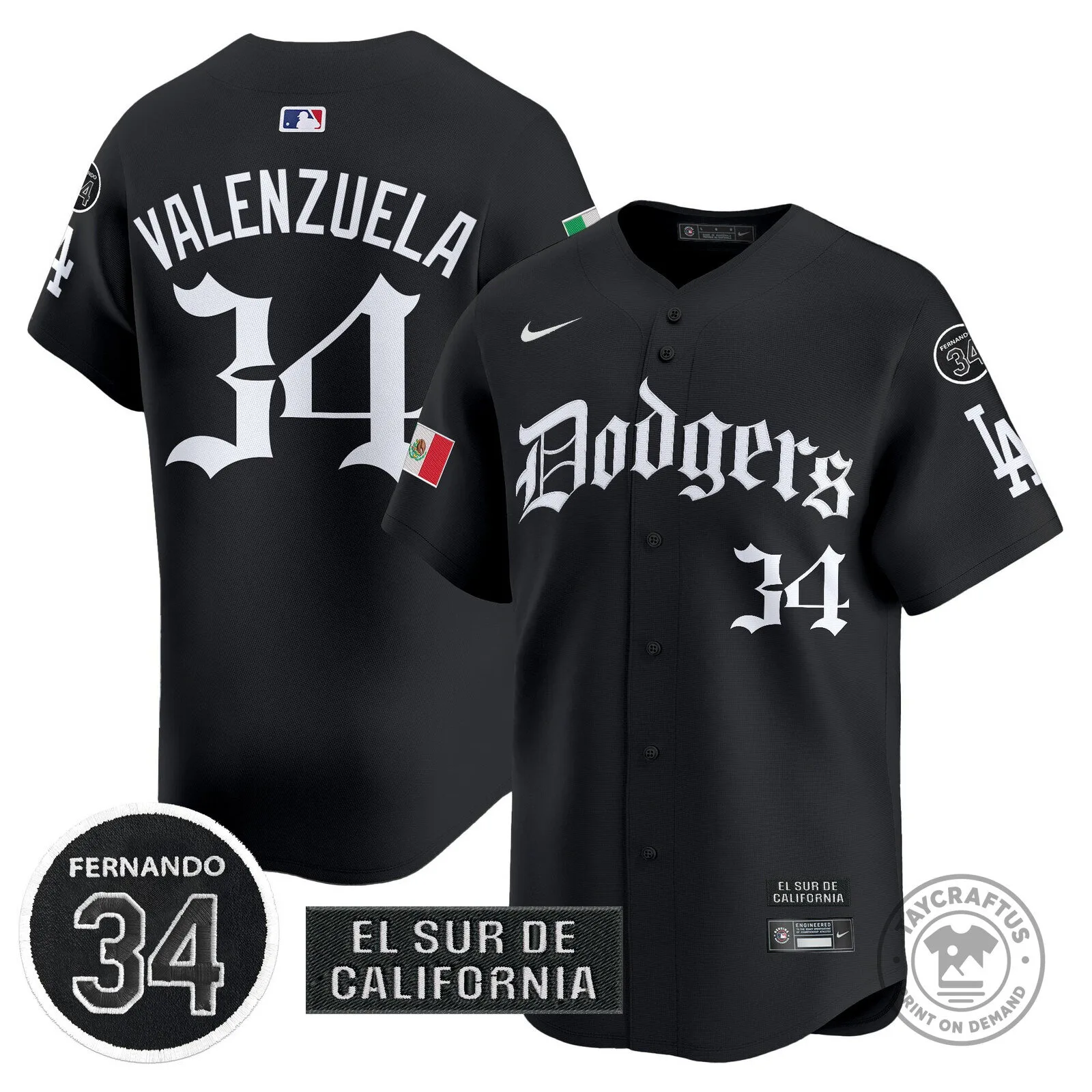 Dodgers Fernando Valenzuela Mexico Gothic Style Black Baseball Jersey