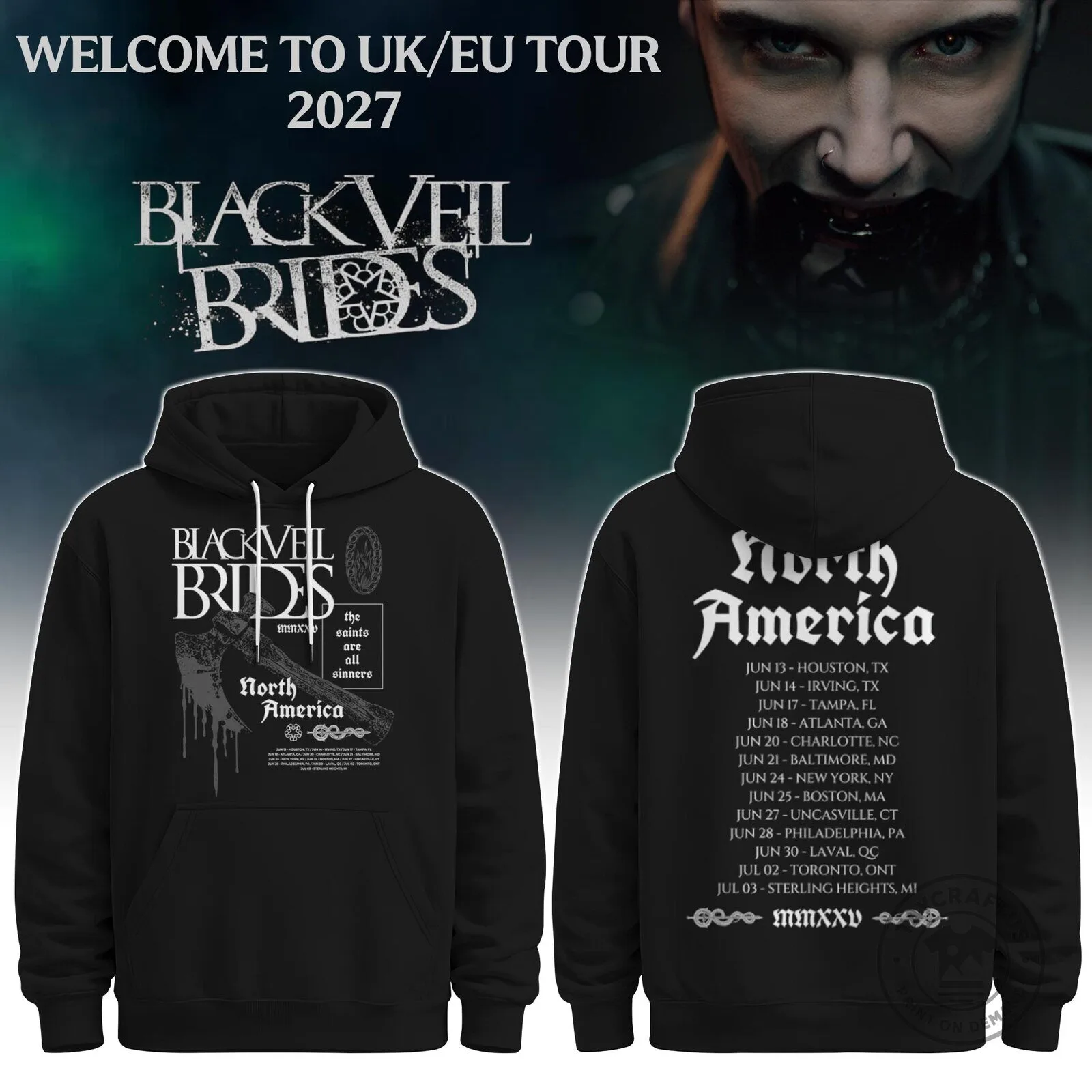 Black Hoodie for 2025 North America Tour by Black Veil Brides - Concert Dates Included