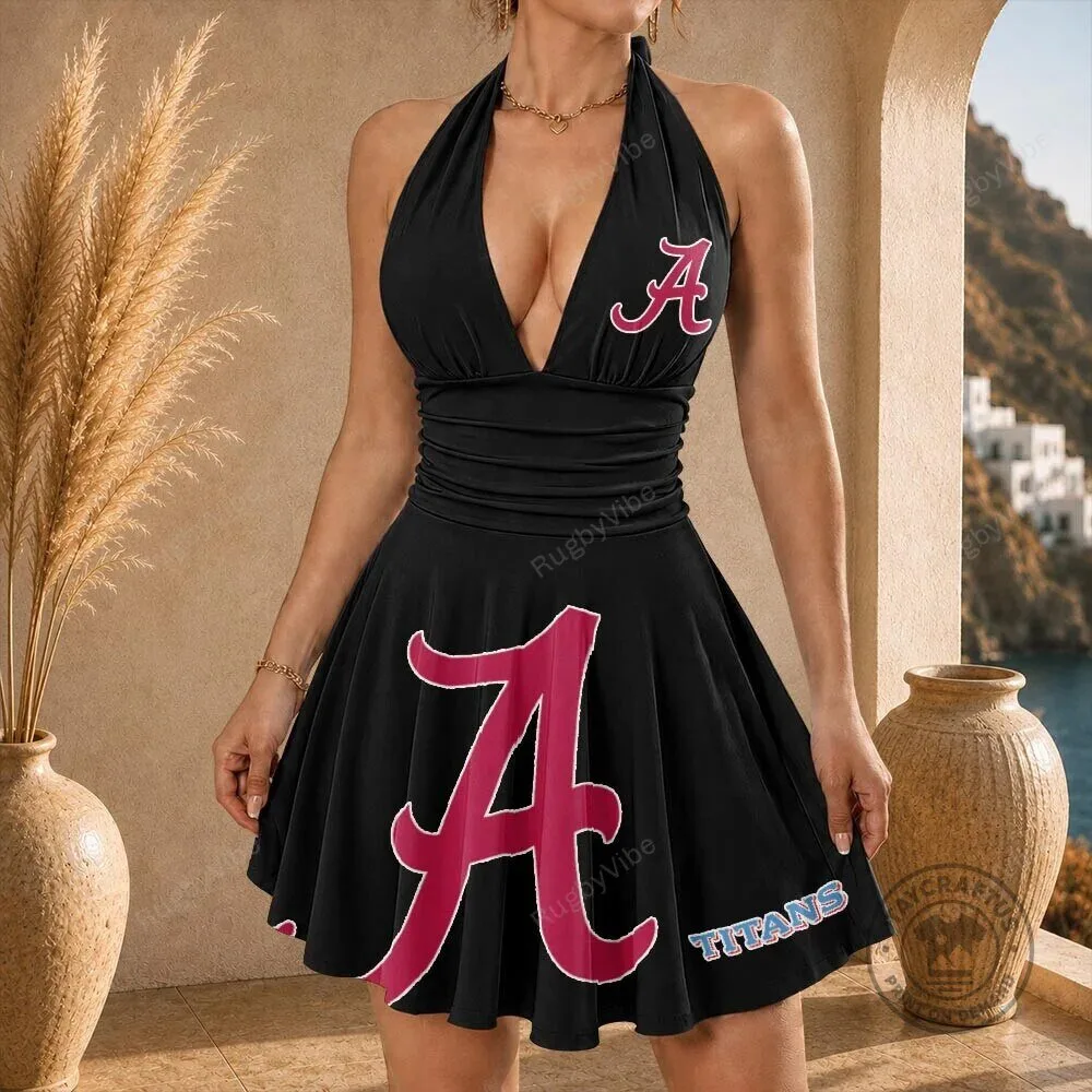 Alabama Crimson Tide Football Team Logo Black Halter Dress for Women