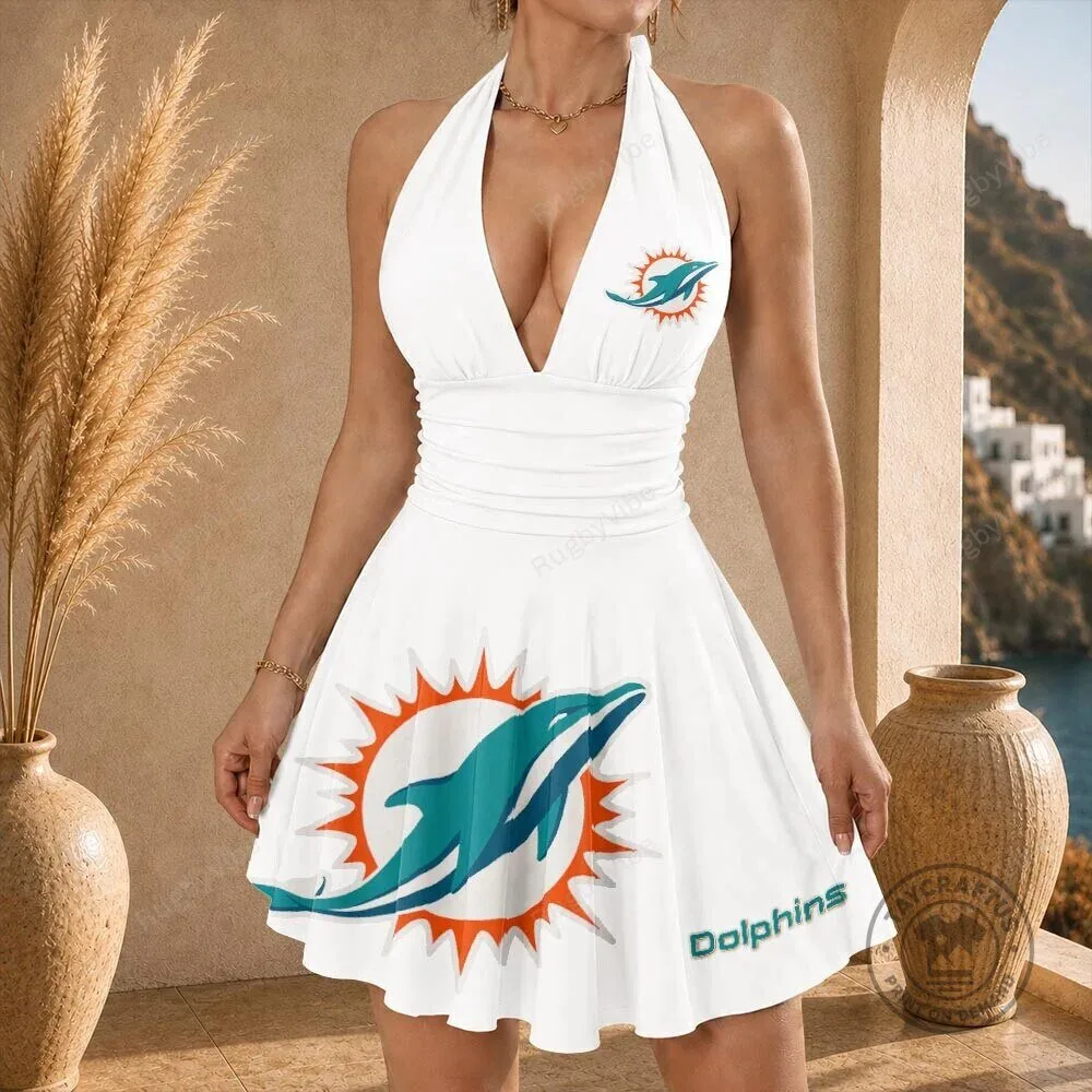 Miami Dolphins NFL Team Logo White Halter Neck Summer Dress